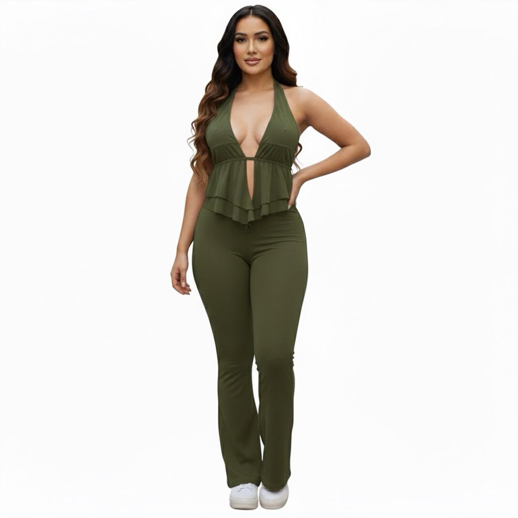 Halter jumpsuit bottom flared 2 pieces(Set) - Olive Green