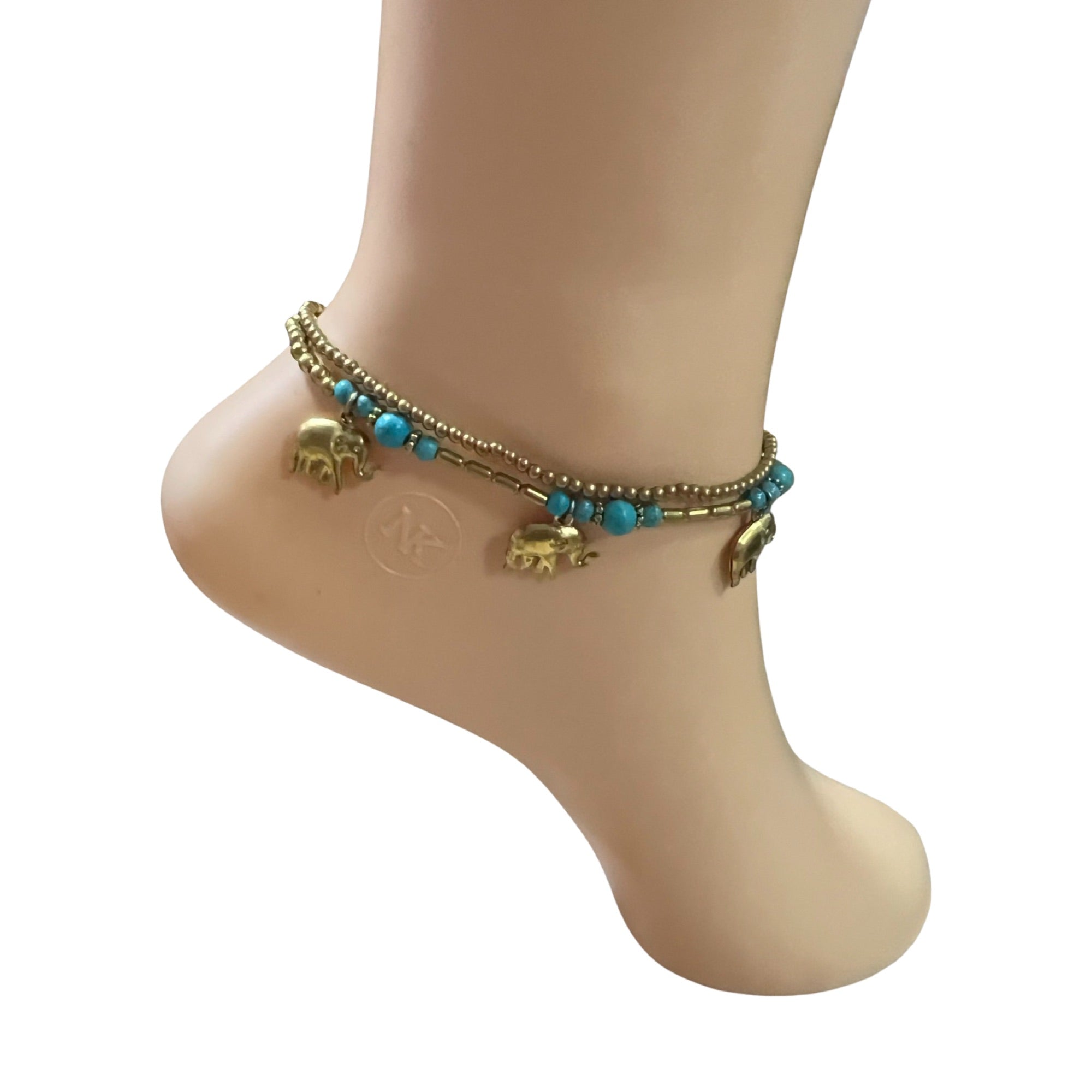 Gold Bead Anklets w/Turquoise & Elephant Charm