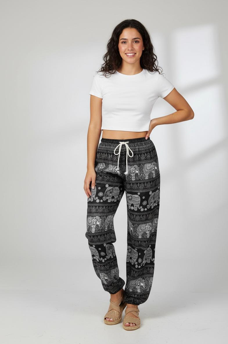Elephant Print Drawstring Harem Pant/Cuff Leg