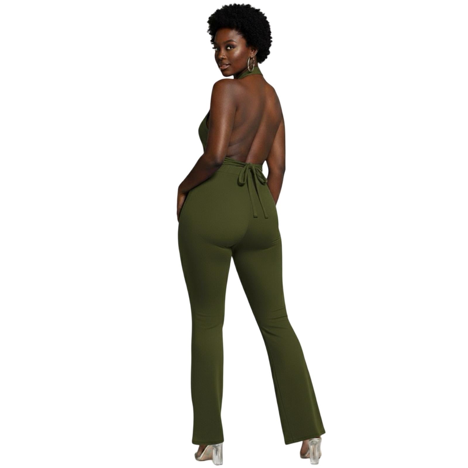 Halter jumpsuit bottom flared 2 pieces(Set) - Olive Green