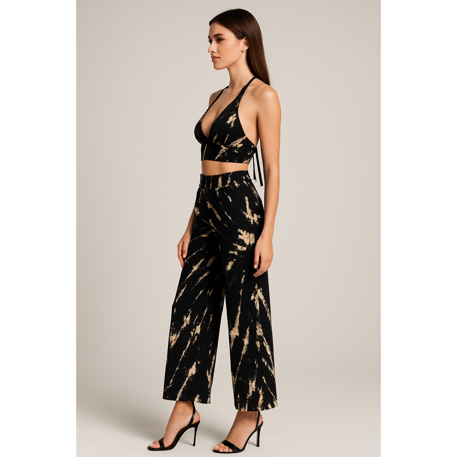 Women’s Tie Dye 2 Piece Set – Halter Crop Top and Wide Leg Pants Matching Outfit