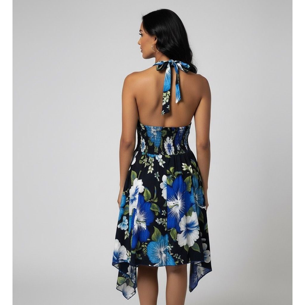 Dress - Halter Flower Dress/ Black-Blue