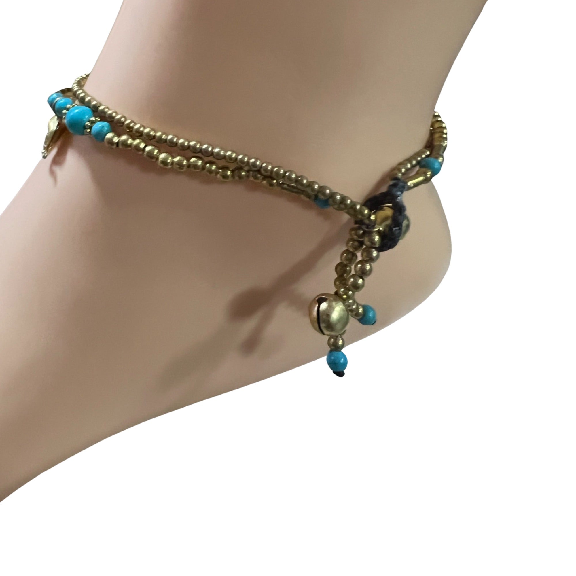 Gold Bead Anklets w/Turquoise & Elephant Charm