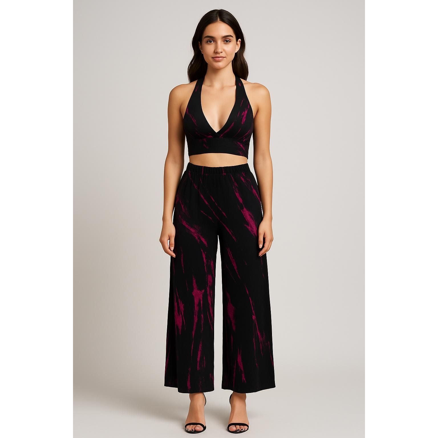 Women’s Tie Dye 2 Piece Set – Halter Crop Top and Wide Leg Pants Matching Outfit