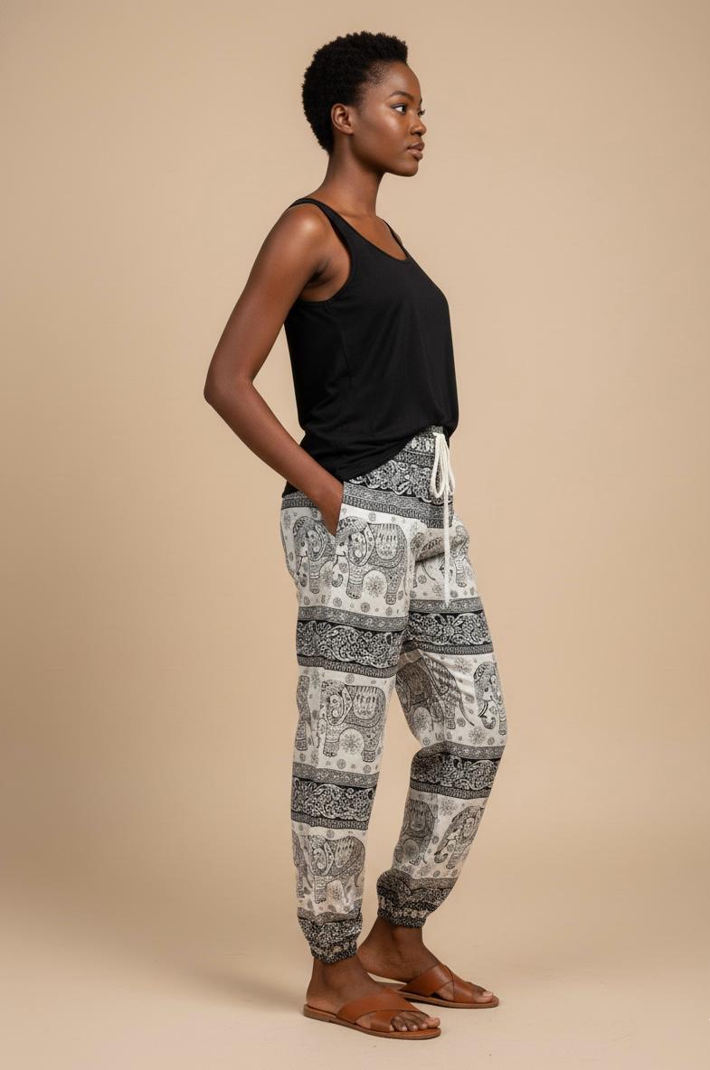 Elephant Print Drawstring Harem Pant/Cuff Leg