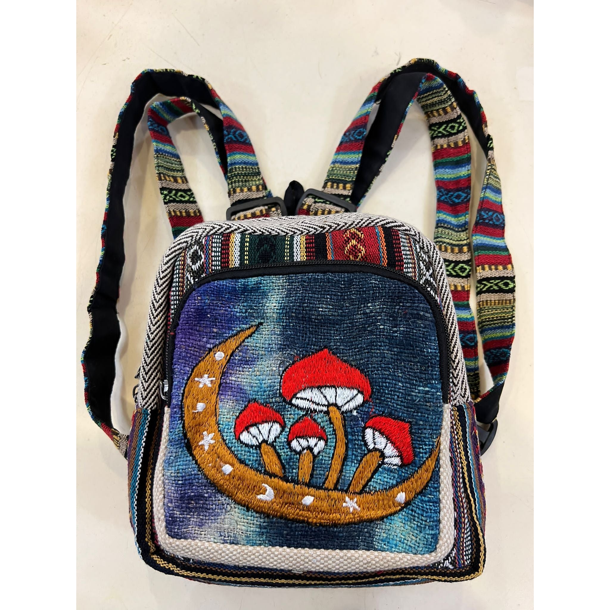 Embroidery Mushroom Moon Hemp Mini Backpack