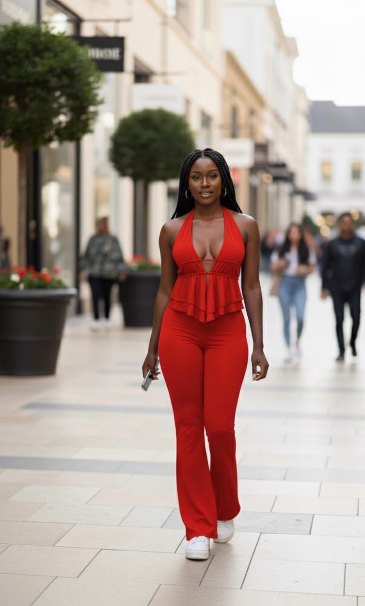 Halter jumpsuit bottom flared 2 pieces(Set) - Red