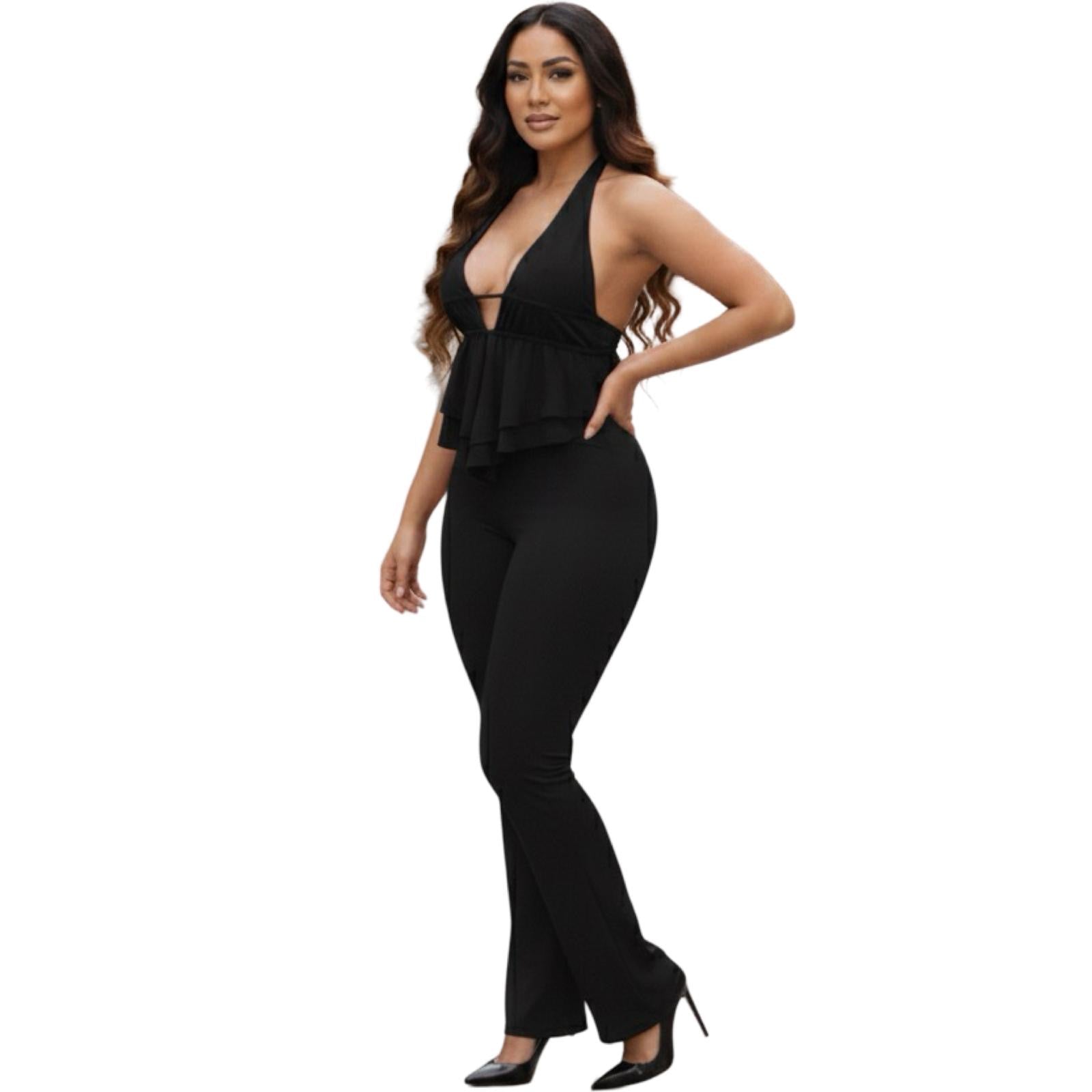 Halter jumpsuit bottom flared 2 pieces(Set) - Black
