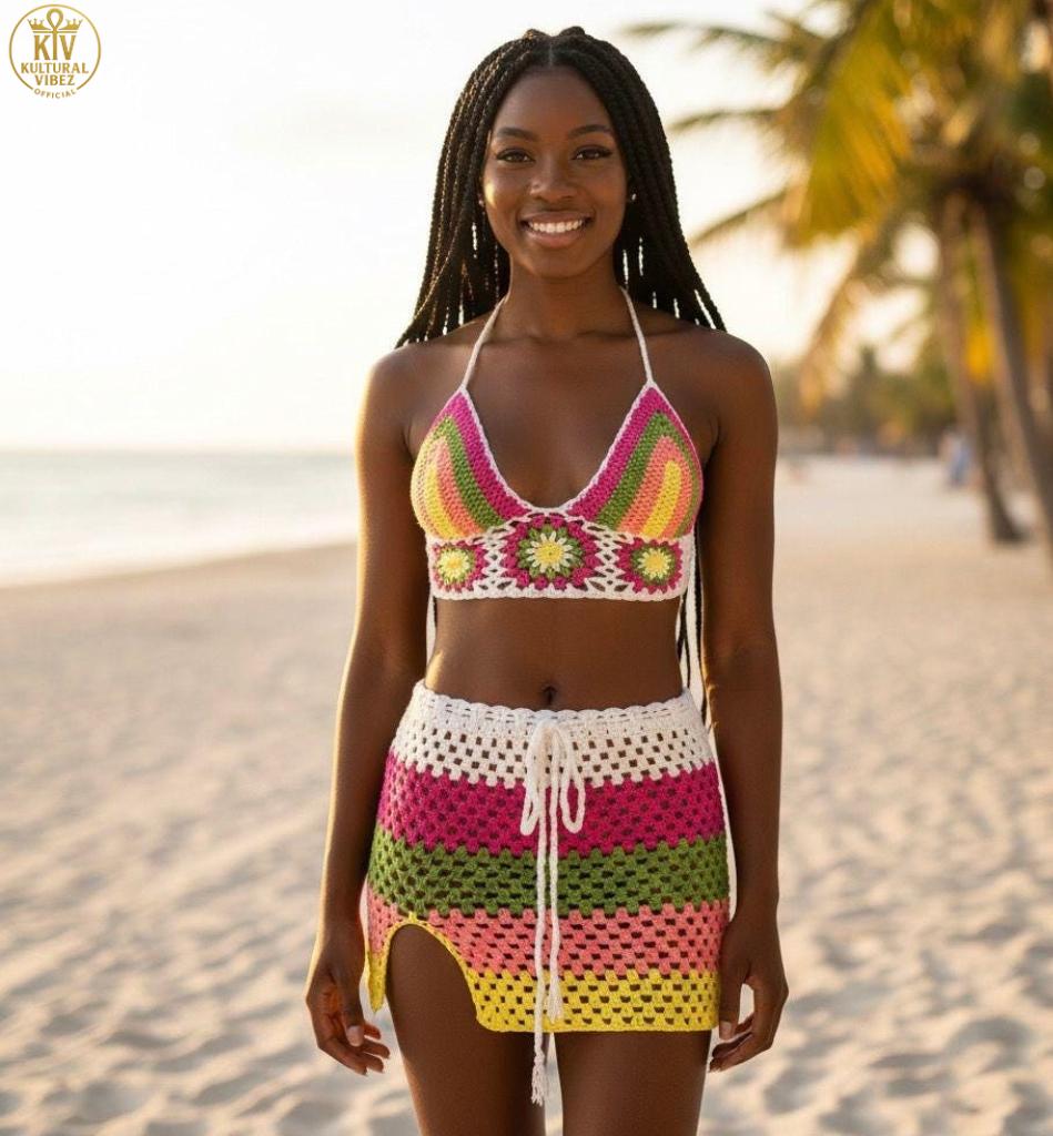 Multicolors crochet skirt and tops
