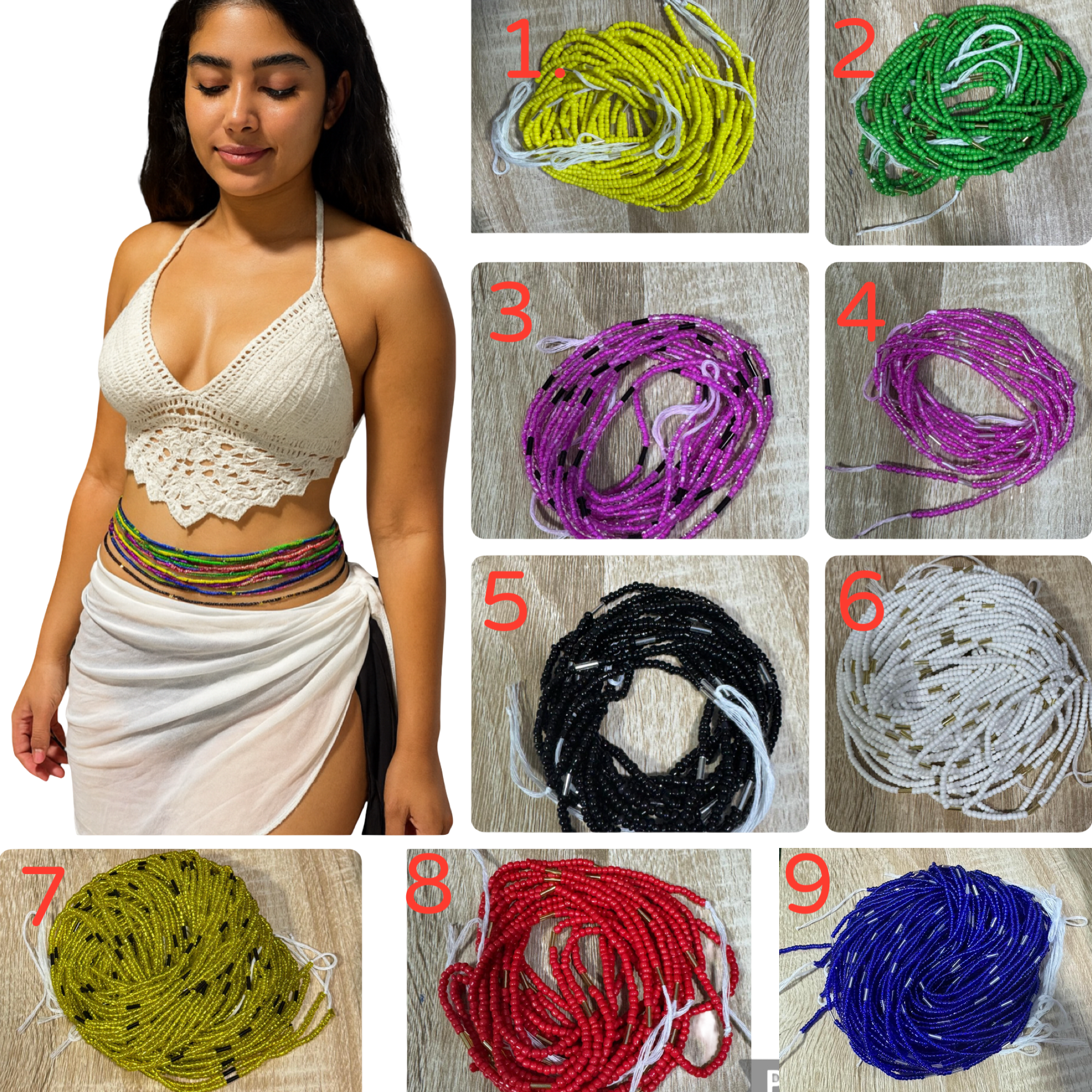 Handmade African Tie-On Waist Beads: Glass Beaded Body Jewelry Fits up to 52 inches.