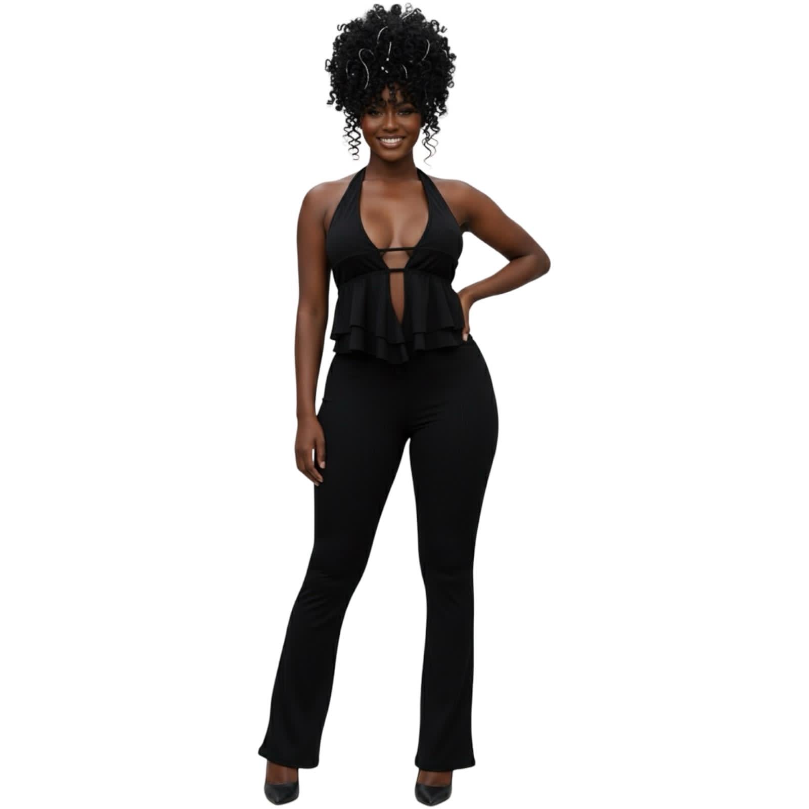 Halter jumpsuit bottom flared 2 pieces(Set) - Black