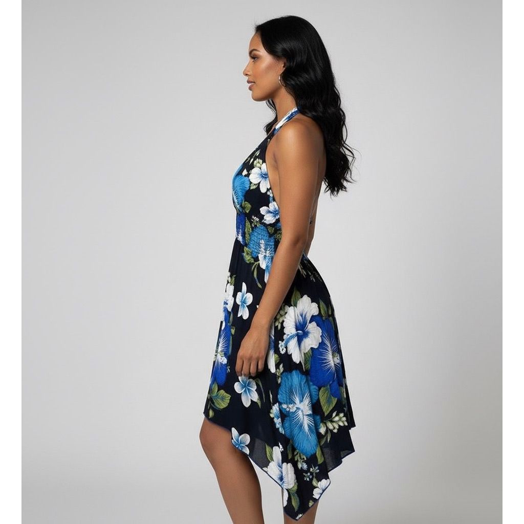 Dress - Halter Flower Dress/ Black-Blue