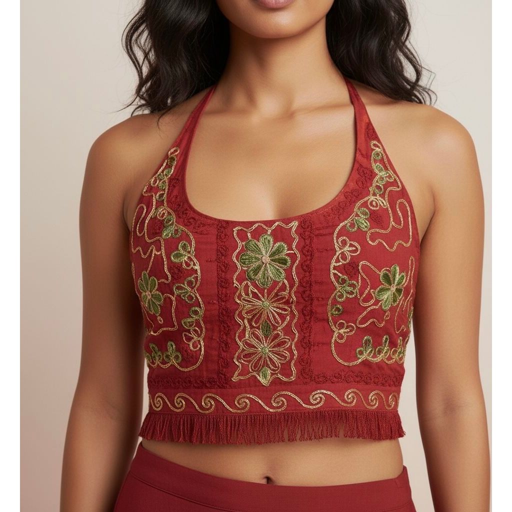 Tops - Embroidery Floral Halter Tops /RED
