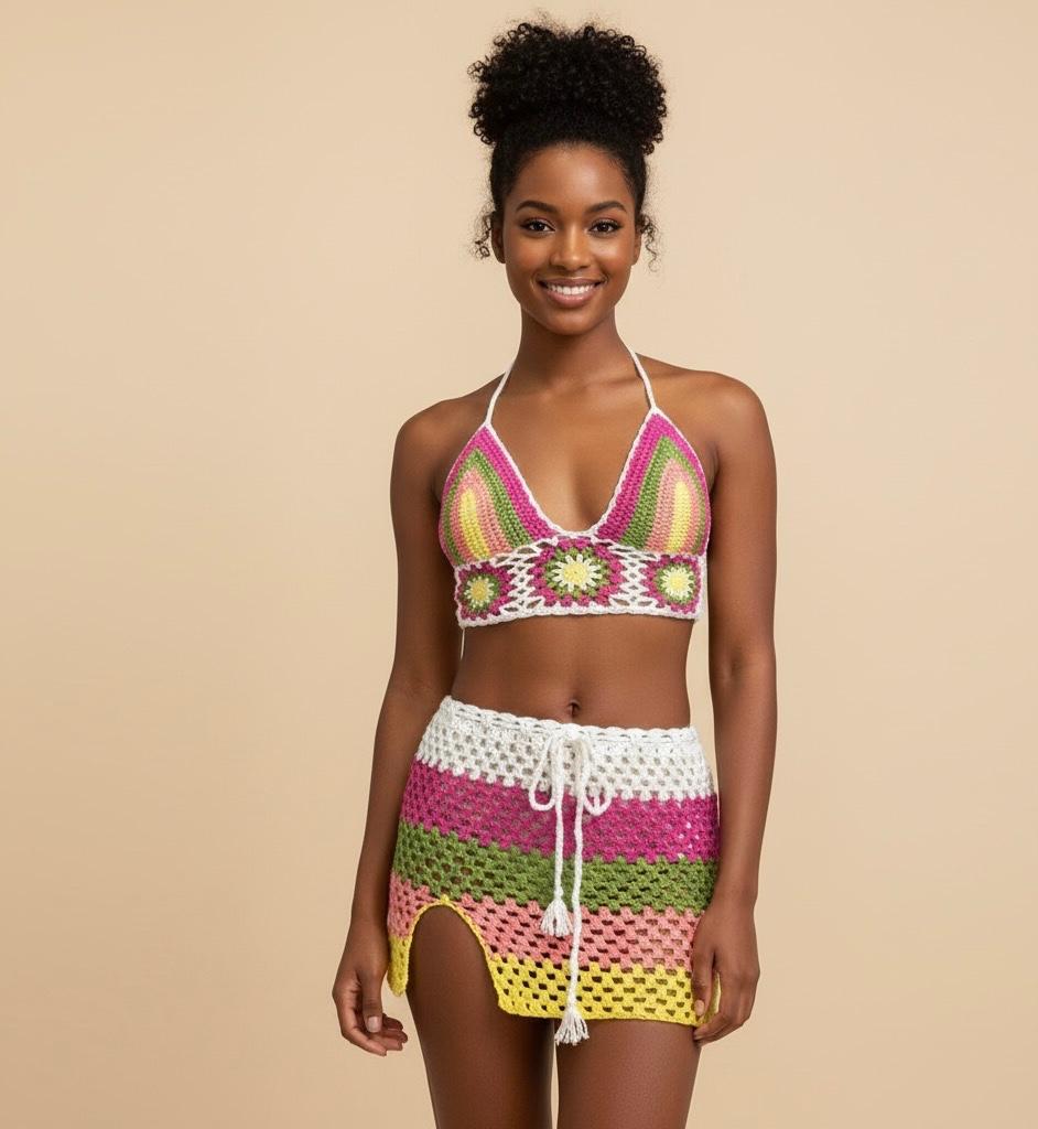Multicolors crochet skirt and tops