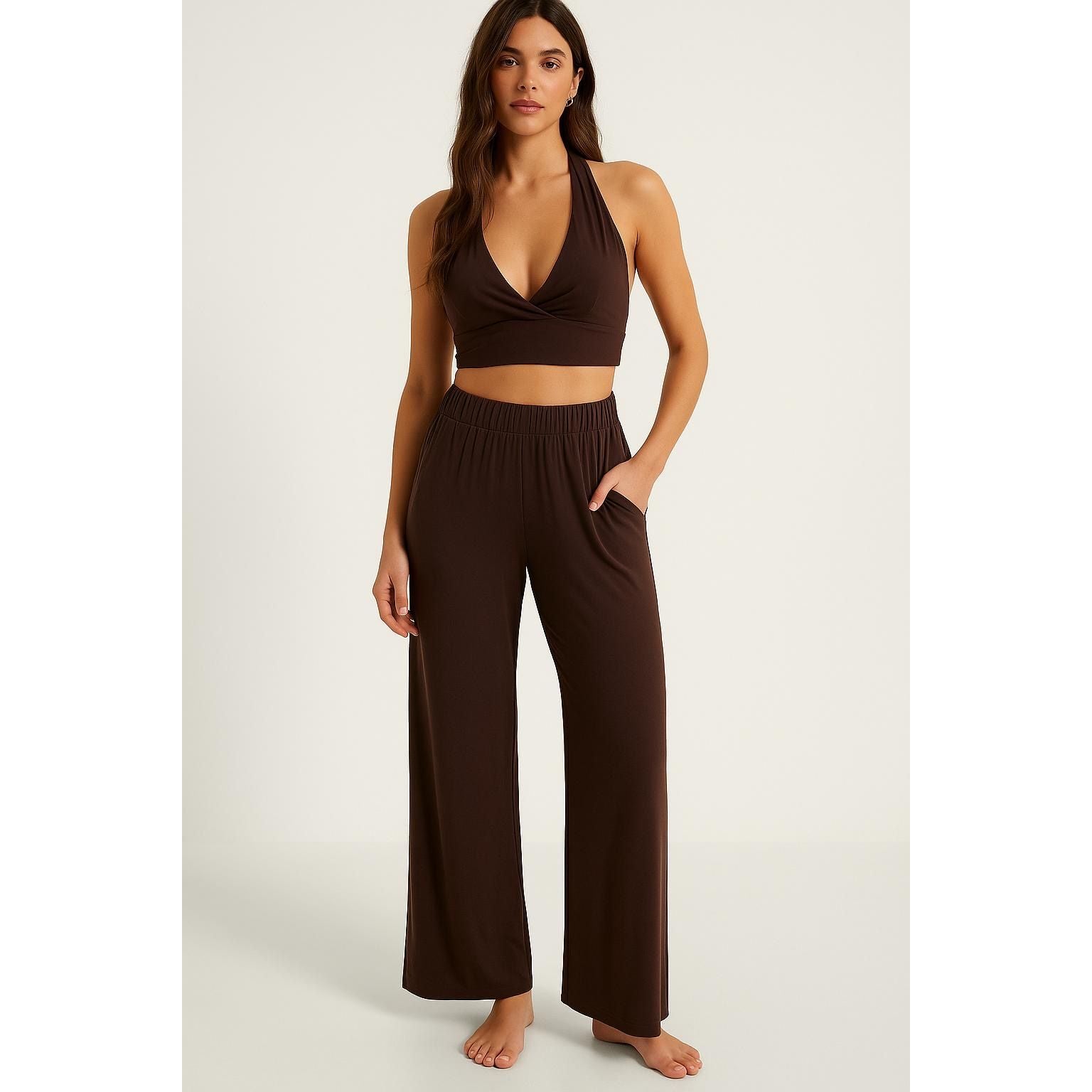 Women’s 2 Piece Set – Brown Halter Crop Top and Wide Leg Pants Matching Lounge Outfit