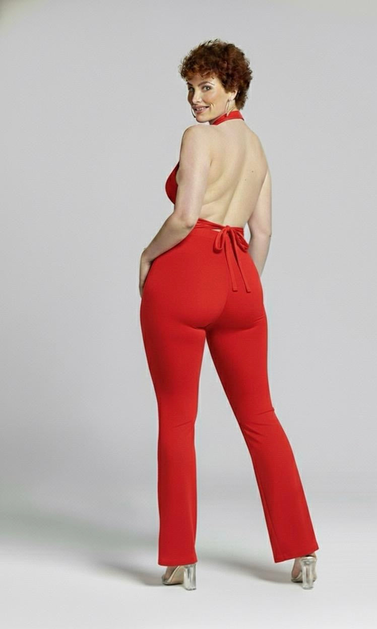 Halter jumpsuit bottom flared 2 pieces(Set) - Red