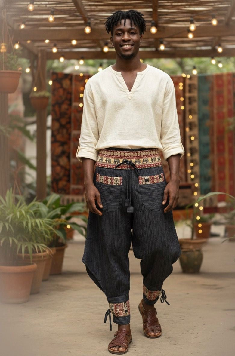 Boho Elephant Patchwork Harem Pants – High Waist, Soft Cotton, Relaxed Fit