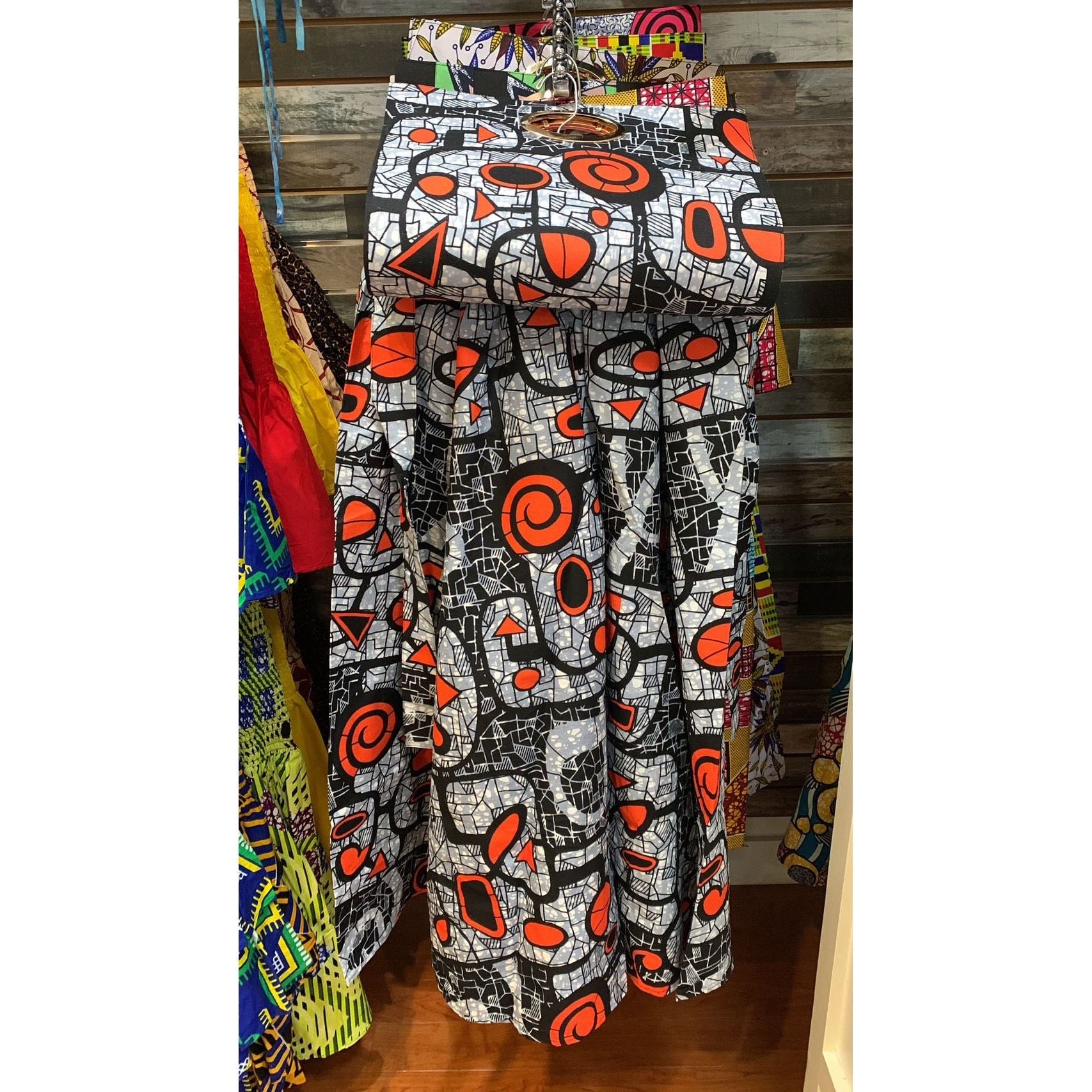 Women's African Print High Waist Pleated A Line Long Maxi Skirts W/Handbag.