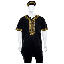 Men’s 3 Piece Embroidered Top, Pant&Hat / Black & Gold
