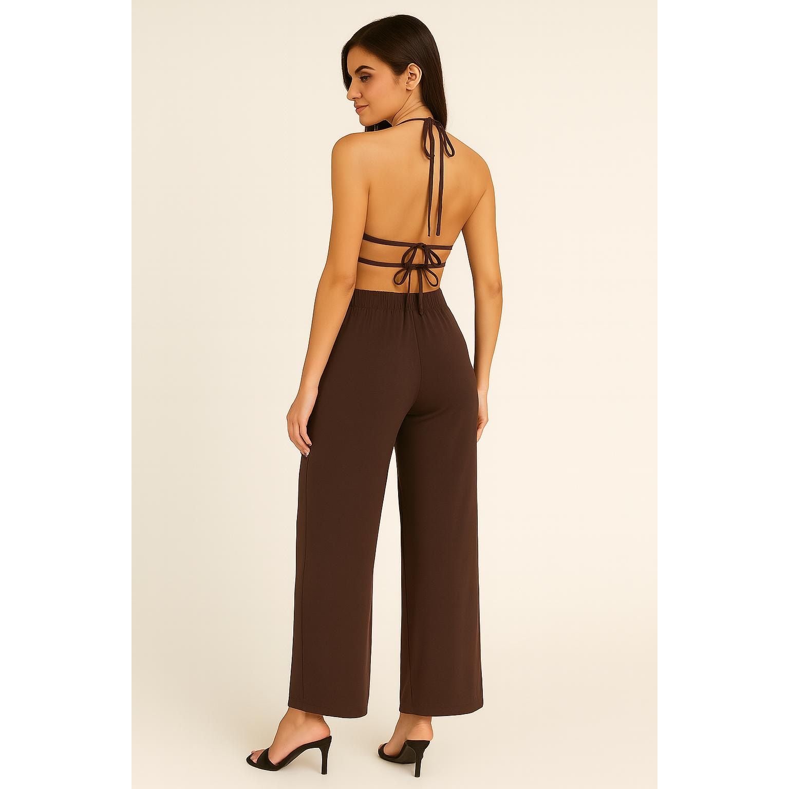 Women’s 2 Piece Set – Brown Halter Crop Top and Wide Leg Pants Matching Lounge Outfit
