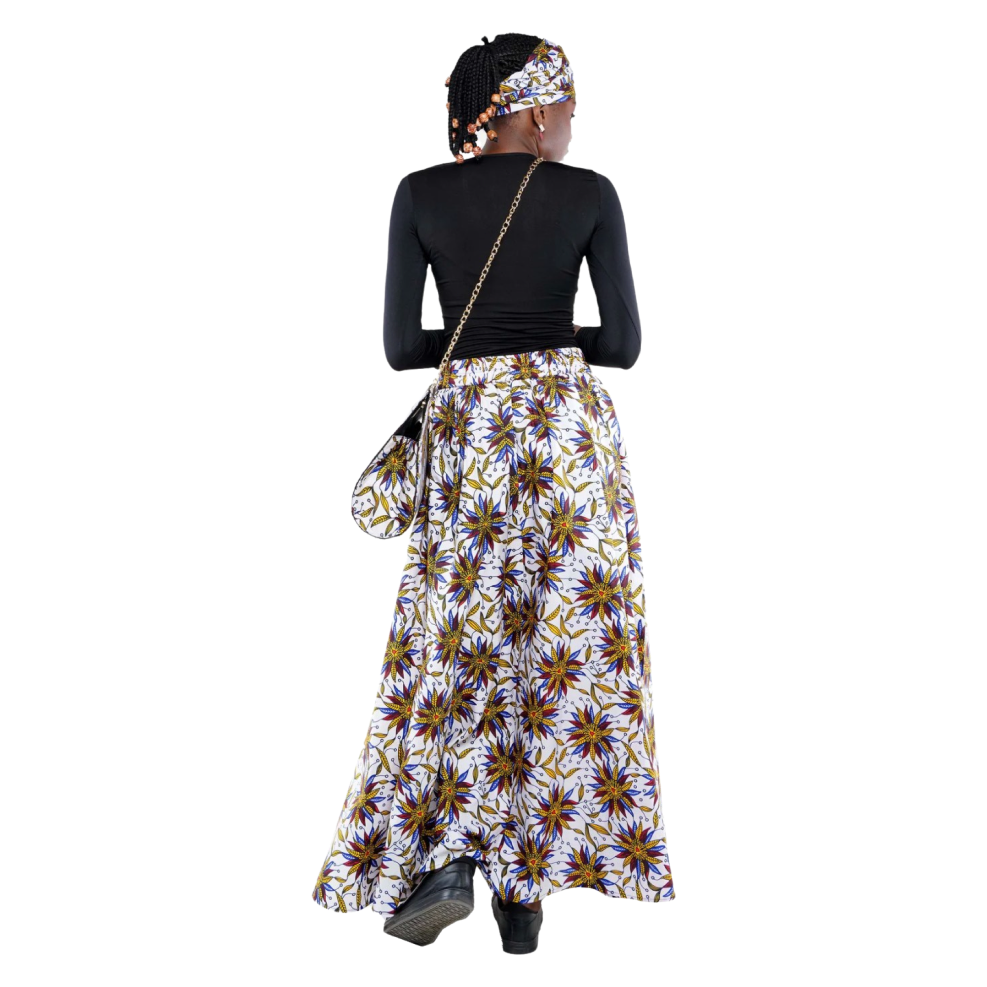 Women's African Print High Waist Pleated A Line Long Maxi Skirts W/Handbag.