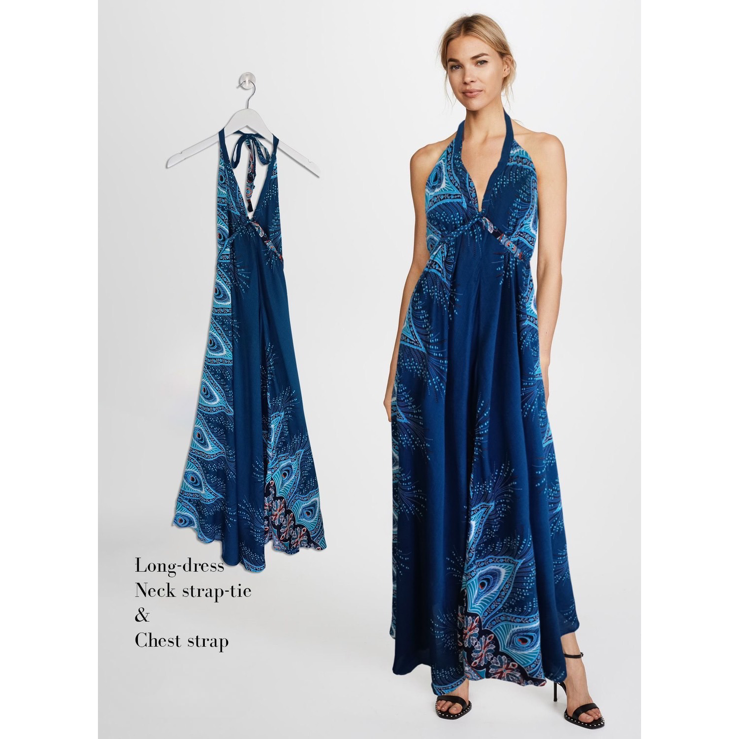 Deep-V Long Halter Dress Assorted Print.