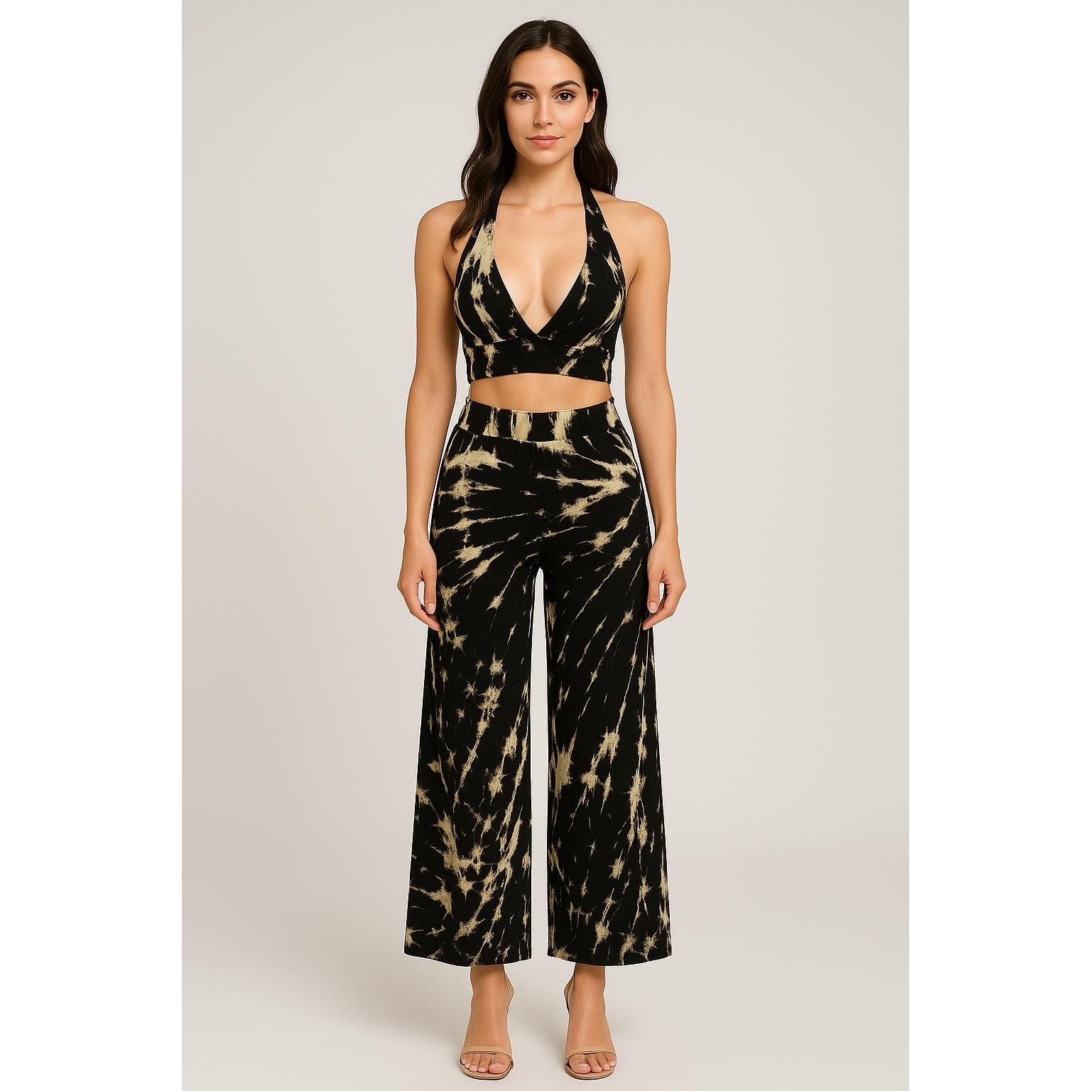 Women’s Tie Dye 2 Piece Set – Halter Crop Top and Wide Leg Pants Matching Outfit