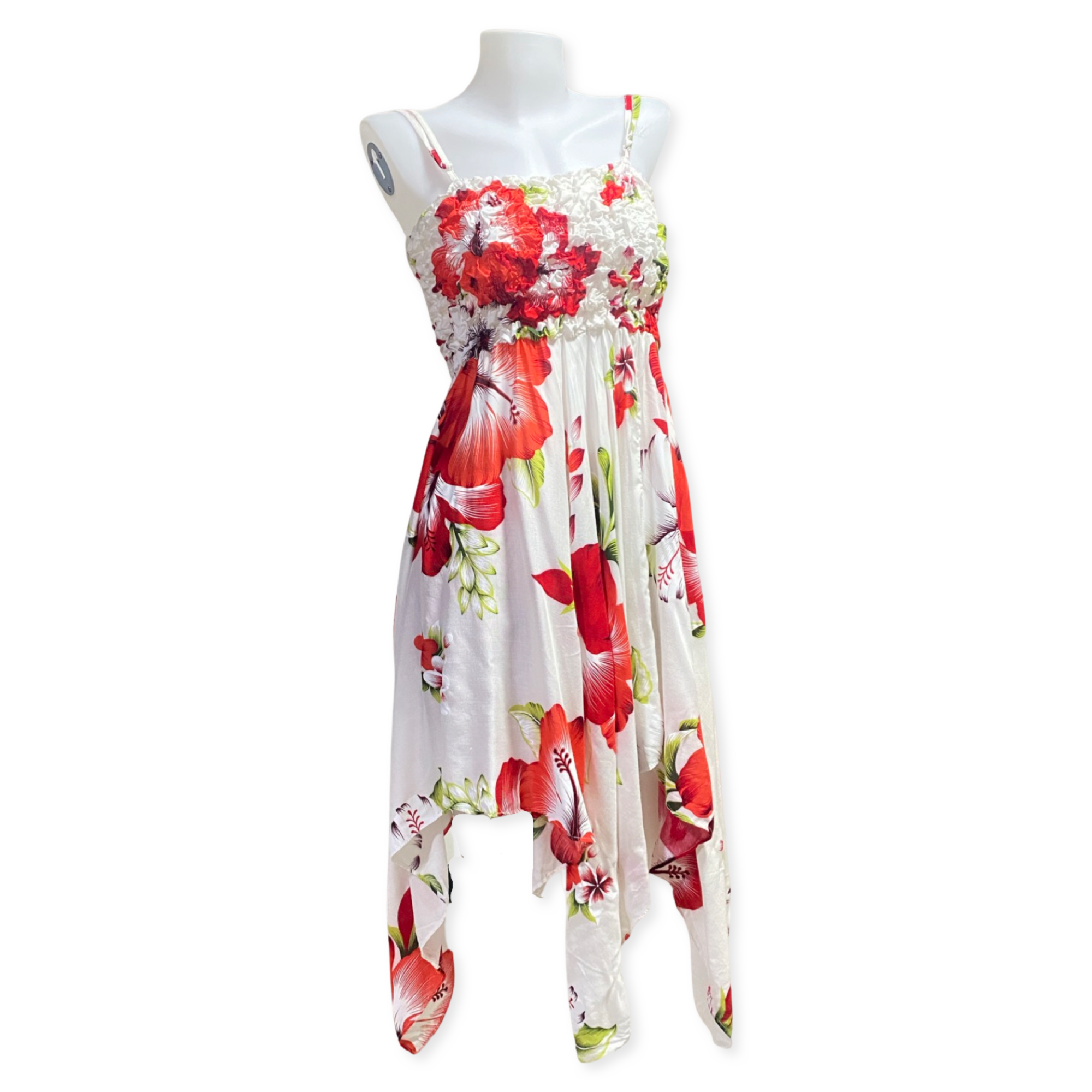 Women’s Hibiscus White/Red Floral Uneven Fairy Dress, Full Elastic Top With Halter Neck, Soft and Flowy.