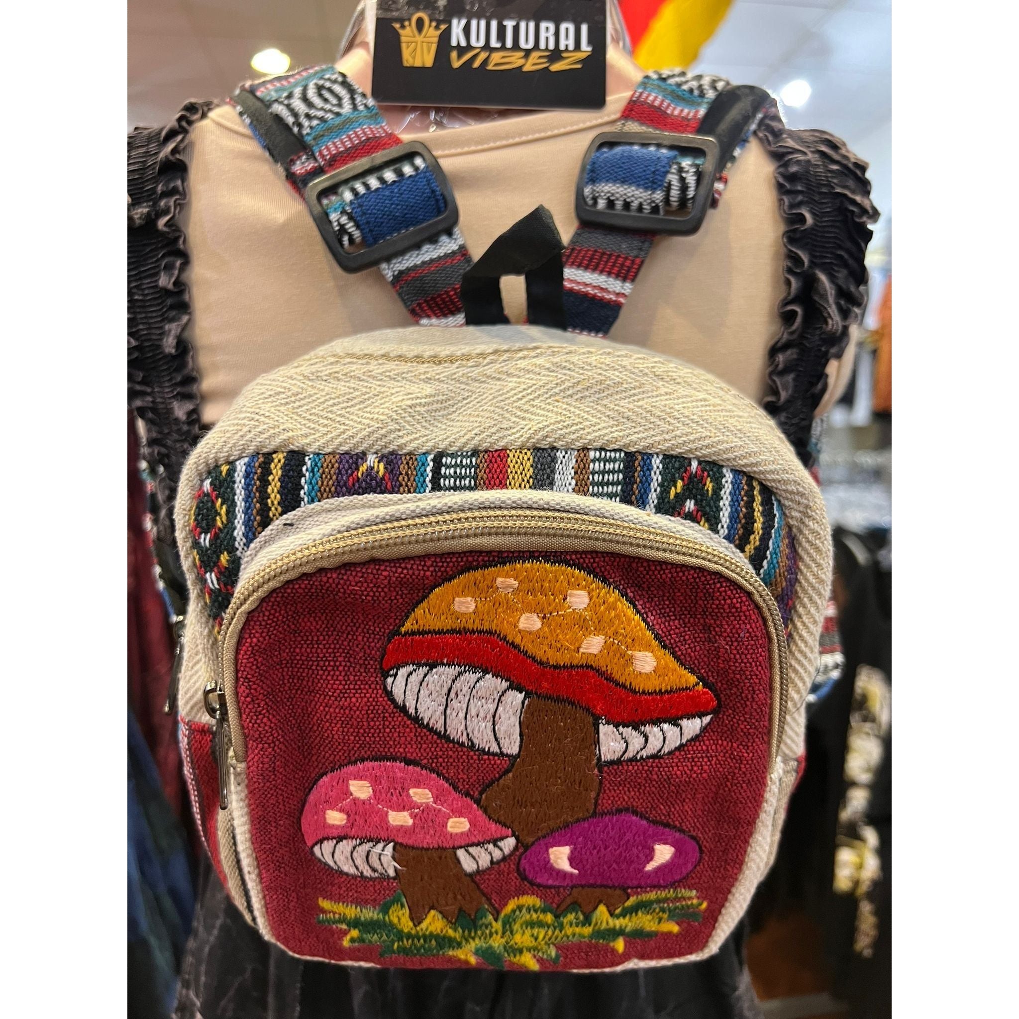 Embroidered Mushroom Hemp Mini Backpack/ Burgundy