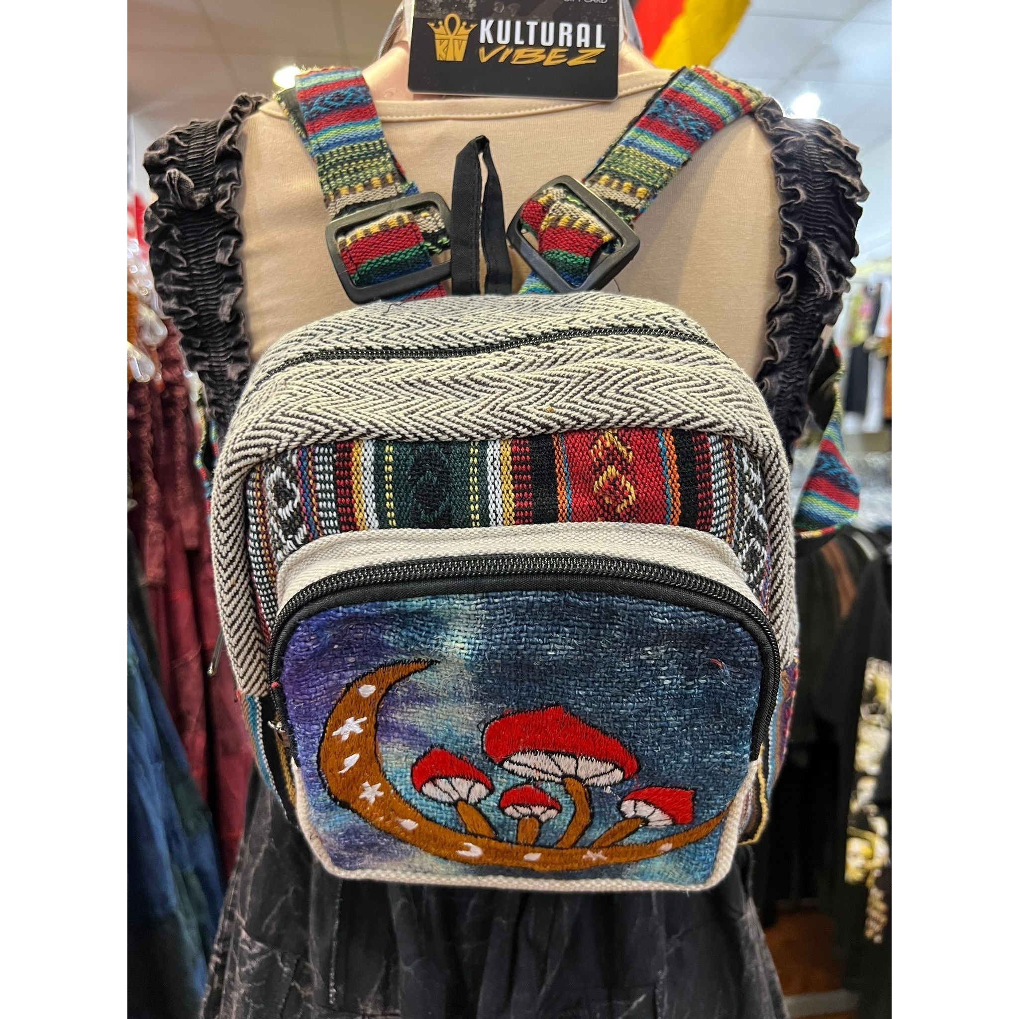 Embroidery Mushroom Moon Hemp Mini Backpack
