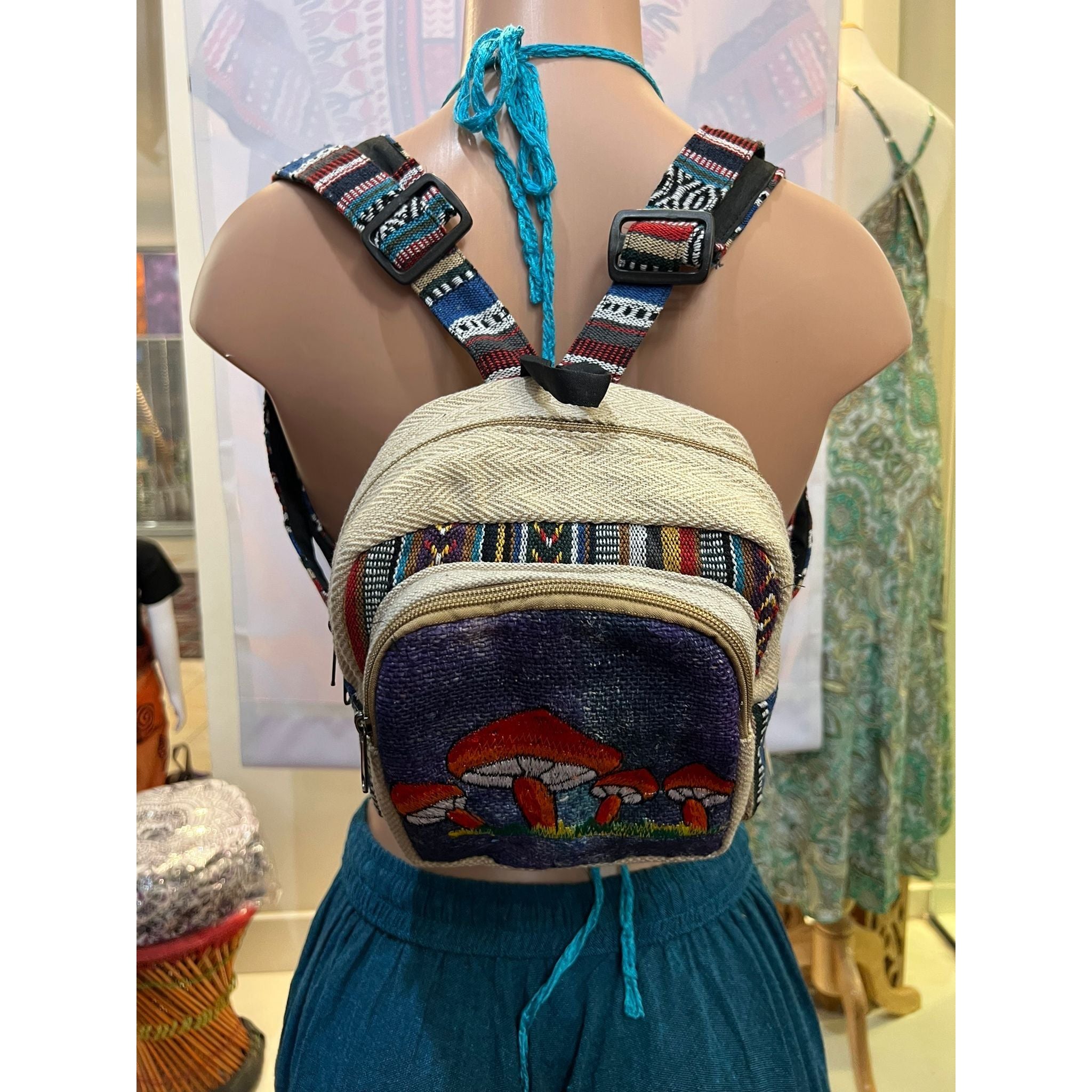 Embroidery Mushroom Hemp Mini Backpack