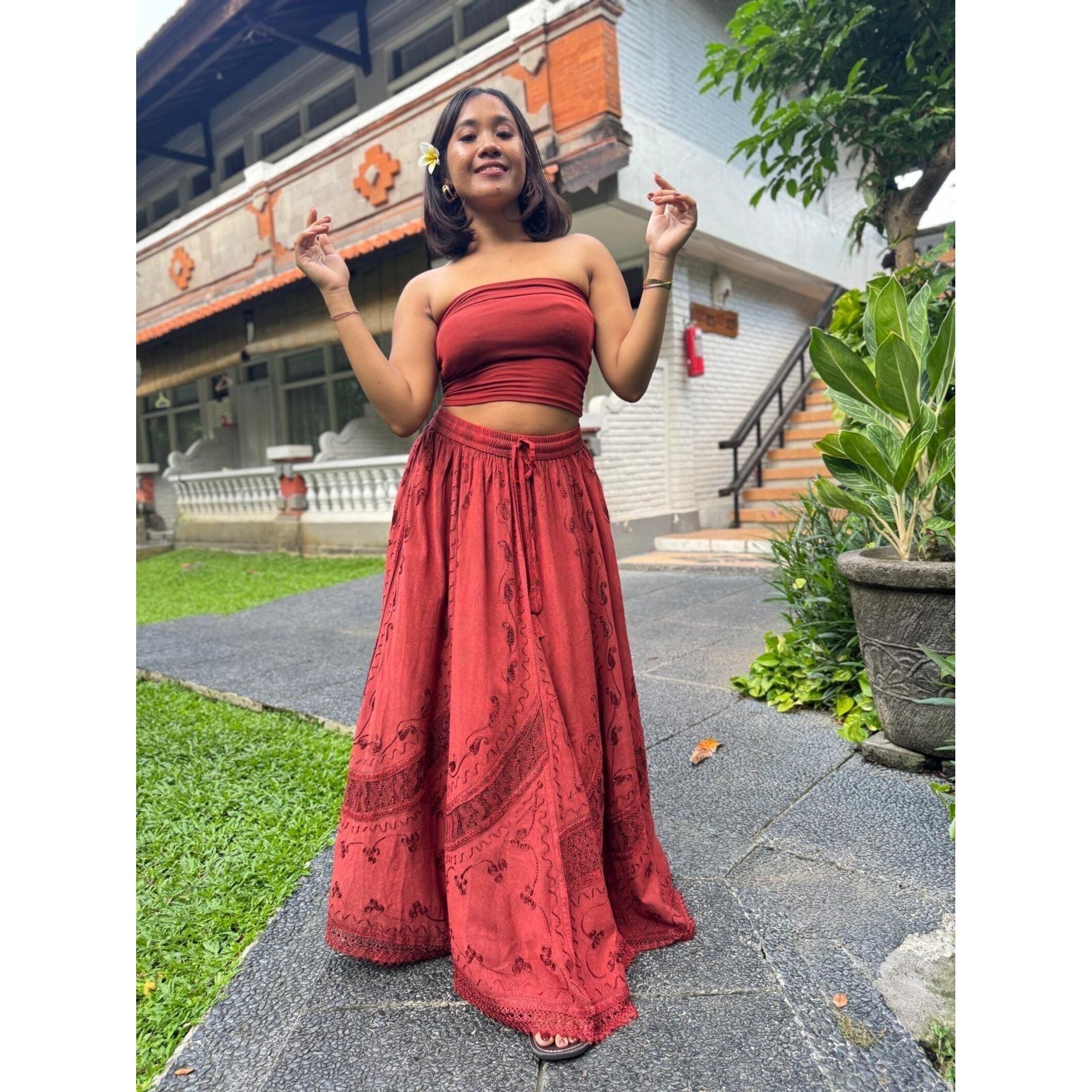Skirt - Long Skirt  Embroidered Maxi Skirt with Elastic Waist