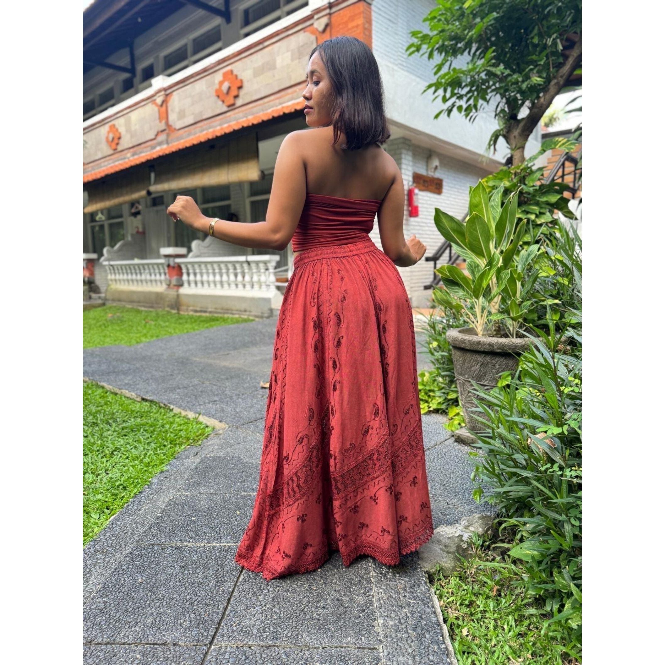 Skirt - Long Skirt  Embroidered Maxi Skirt with Elastic Waist