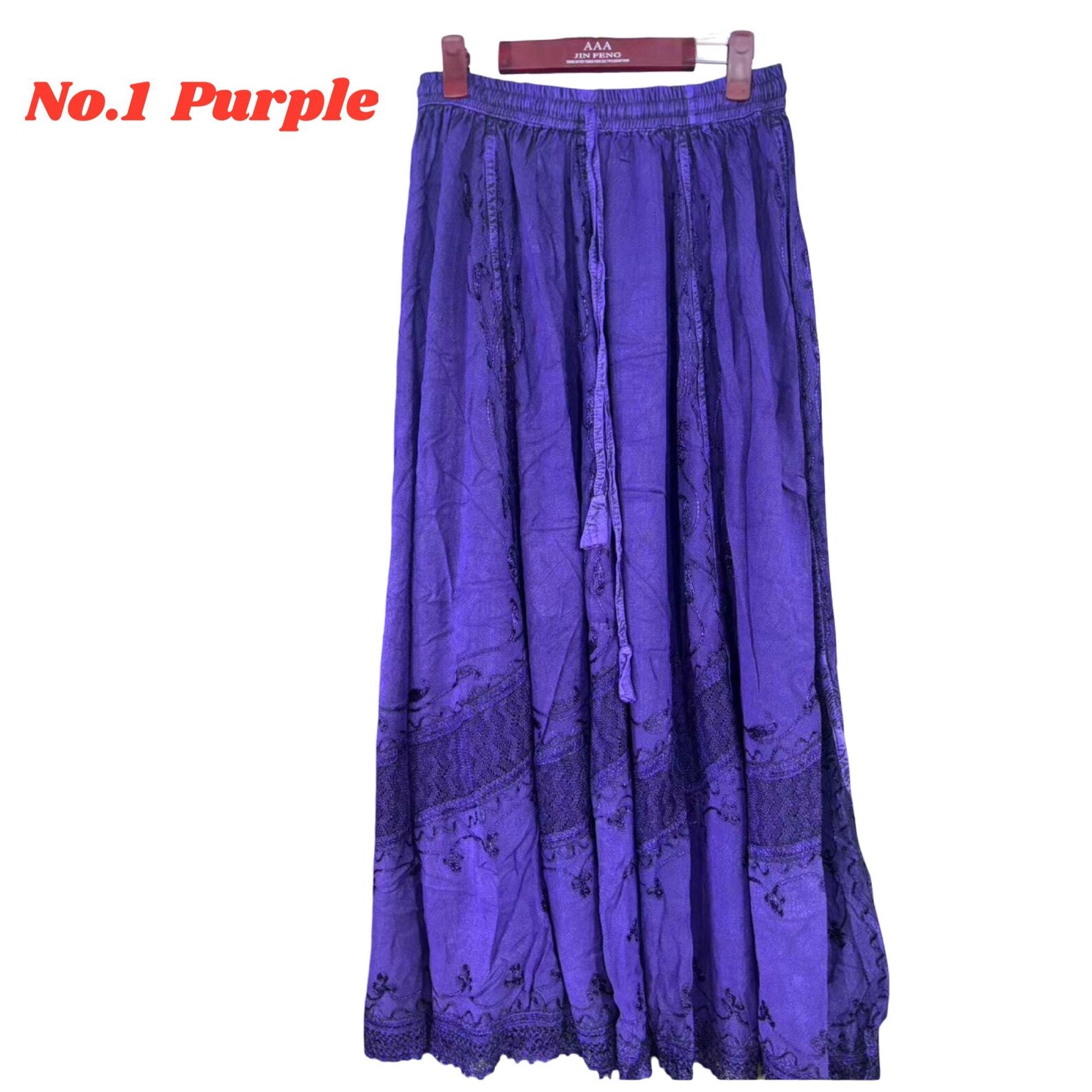 Skirt - Long Skirt  Embroidered Maxi Skirt with Elastic Waist