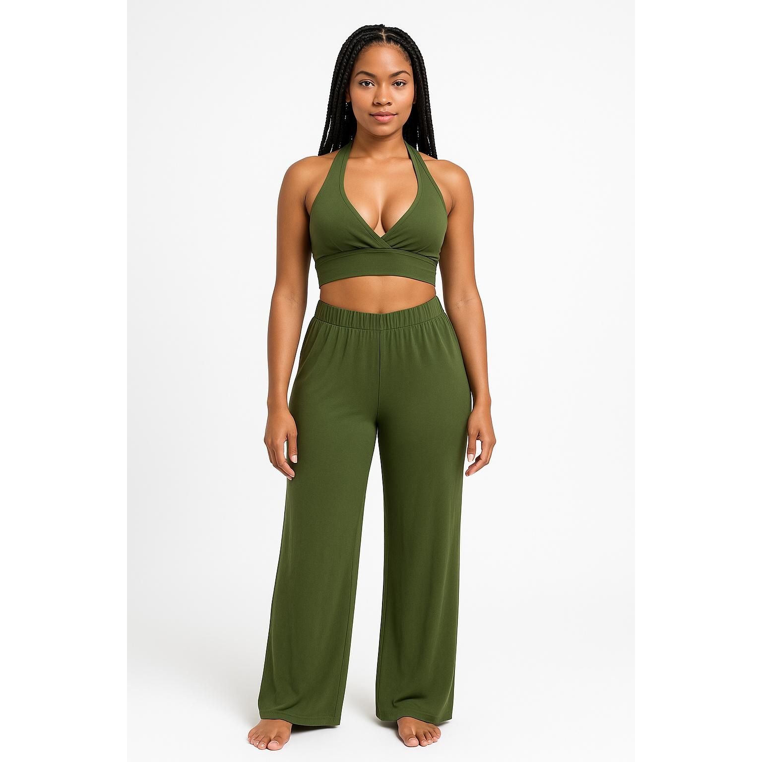 Women’s 2 Piece Set – Halter Crop Top and Wide Leg Pants Lounge Outfit, Olive Green Matching Set