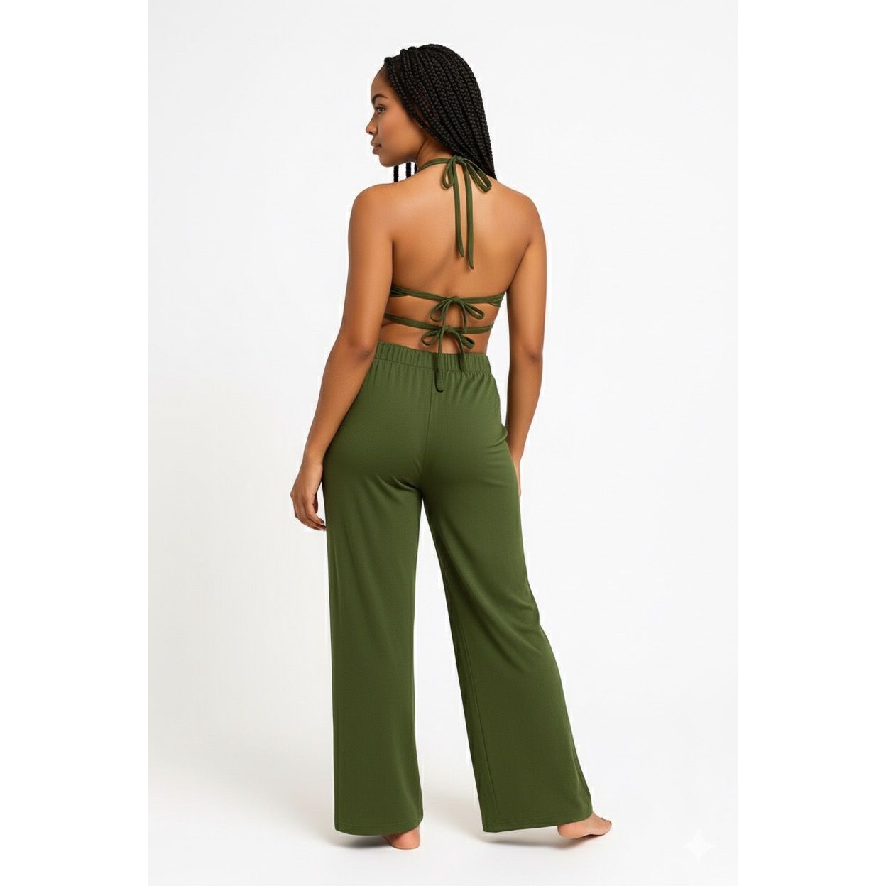 Women’s 2 Piece Set – Halter Crop Top and Wide Leg Pants Lounge Outfit, Olive Green Matching Set