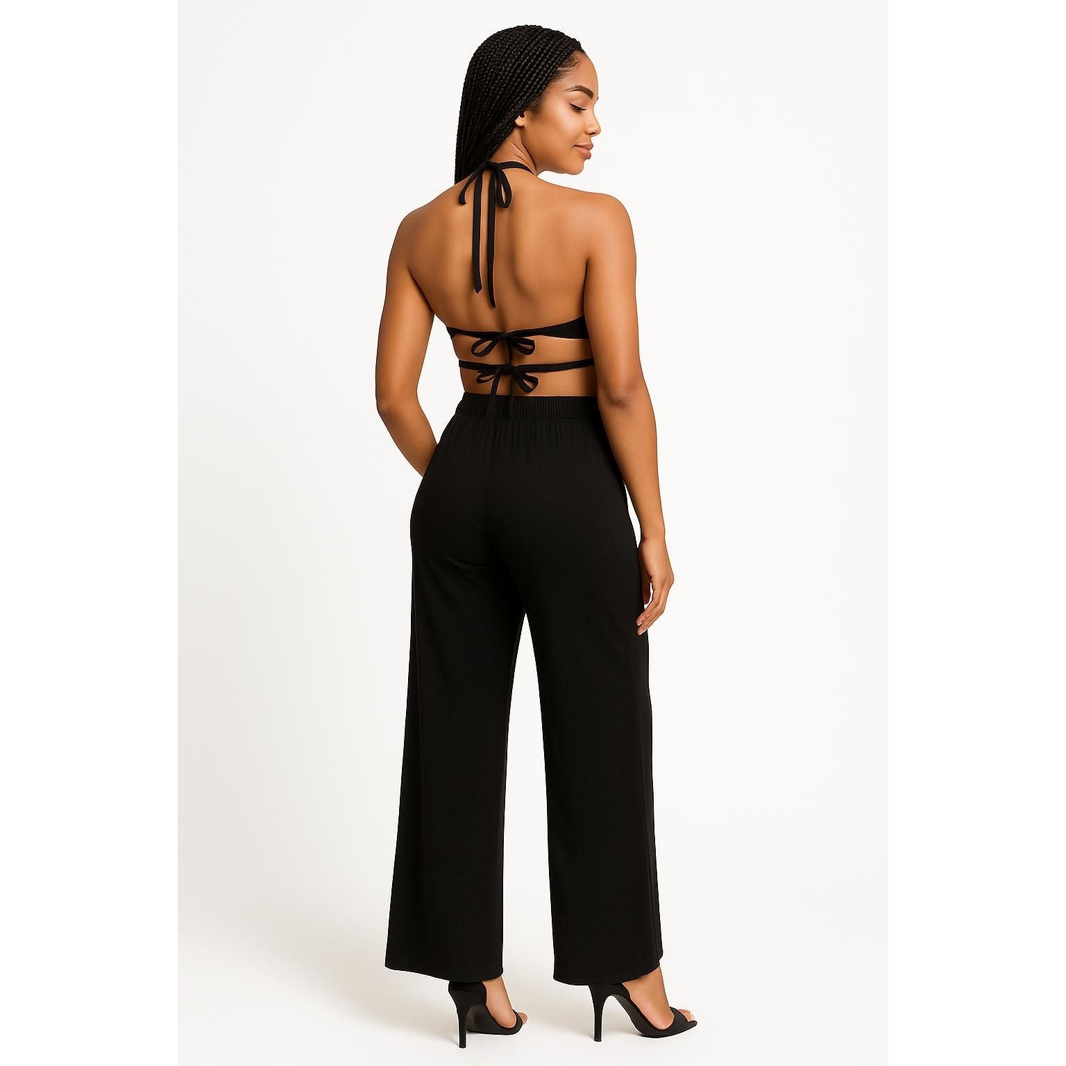 Women’s 2 Piece Set – Black Halter Crop Top and Wide Leg Pants Matching Lounge Outfit