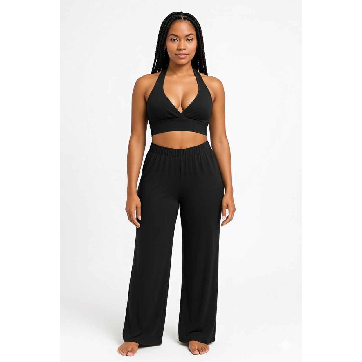 Women’s 2 Piece Set – Black Halter Crop Top and Wide Leg Pants Matching Lounge Outfit