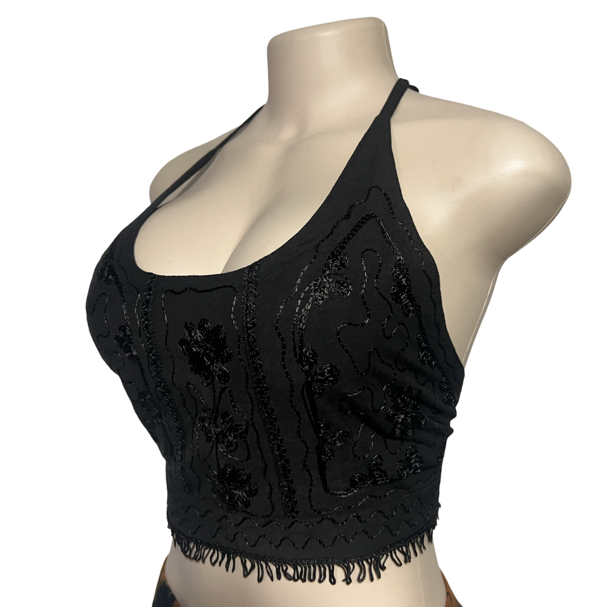 Tops - Embroidery Floral Halter Tops /Black