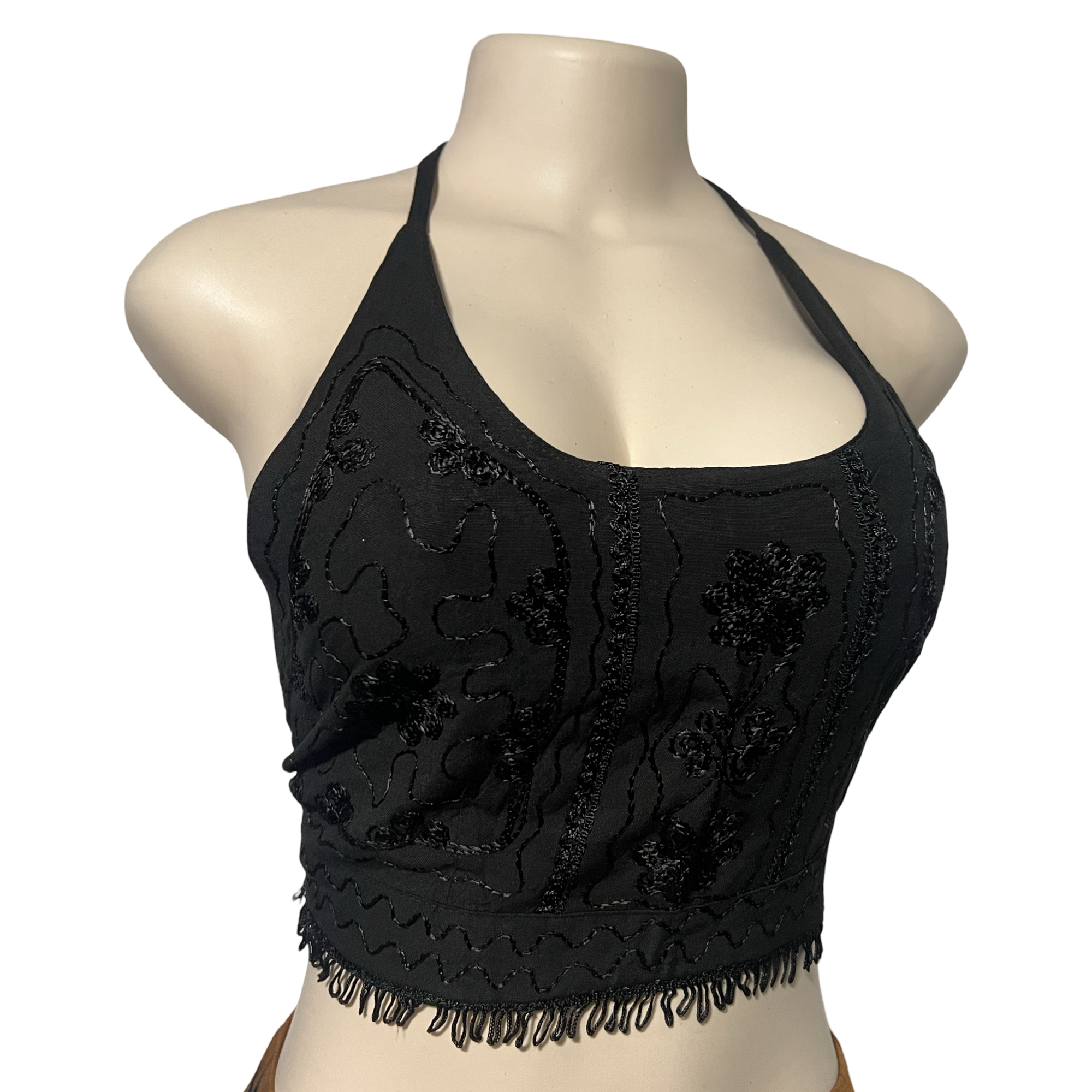 Tops - Embroidery Floral Halter Tops /Black