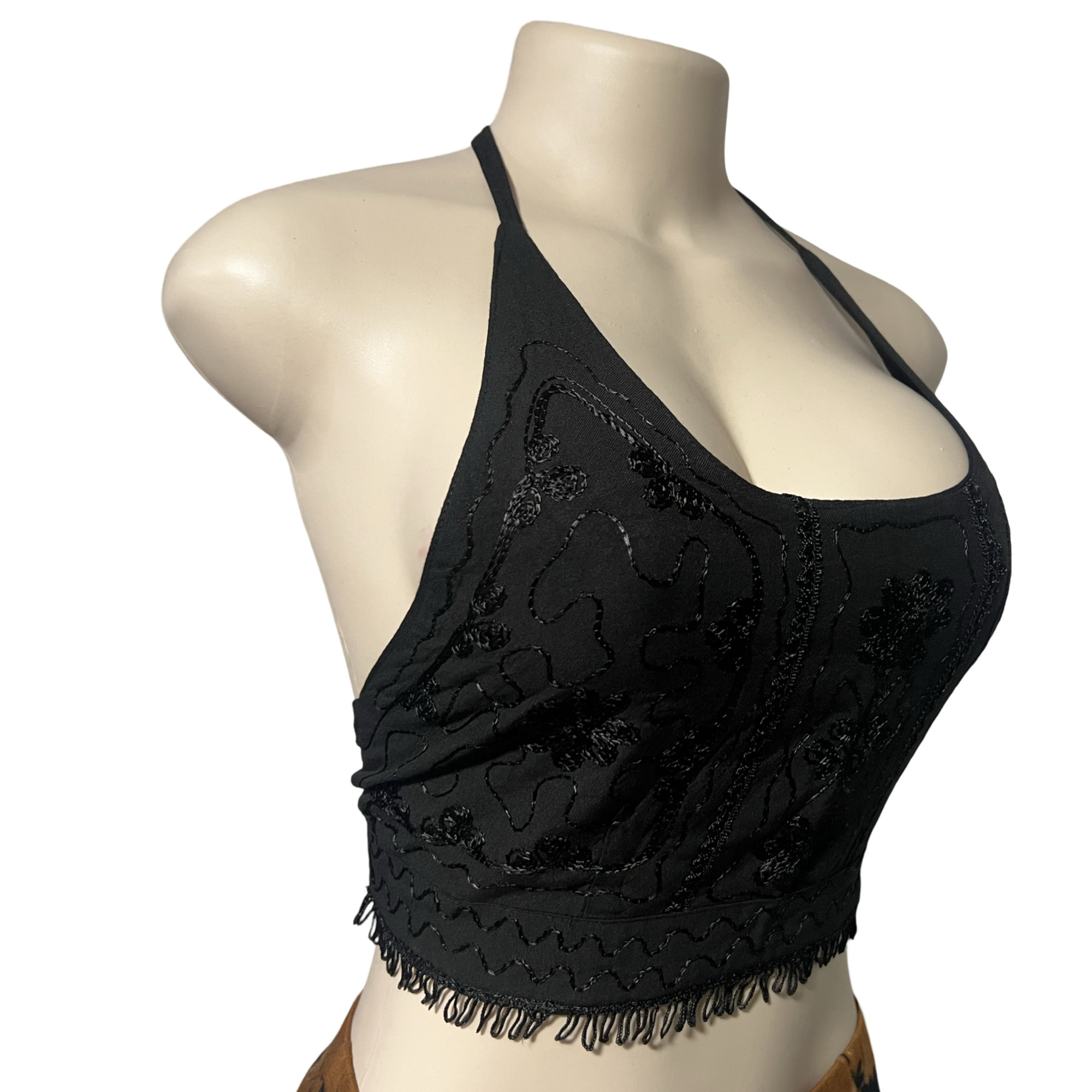 Tops - Embroidery Floral Halter Tops /Black