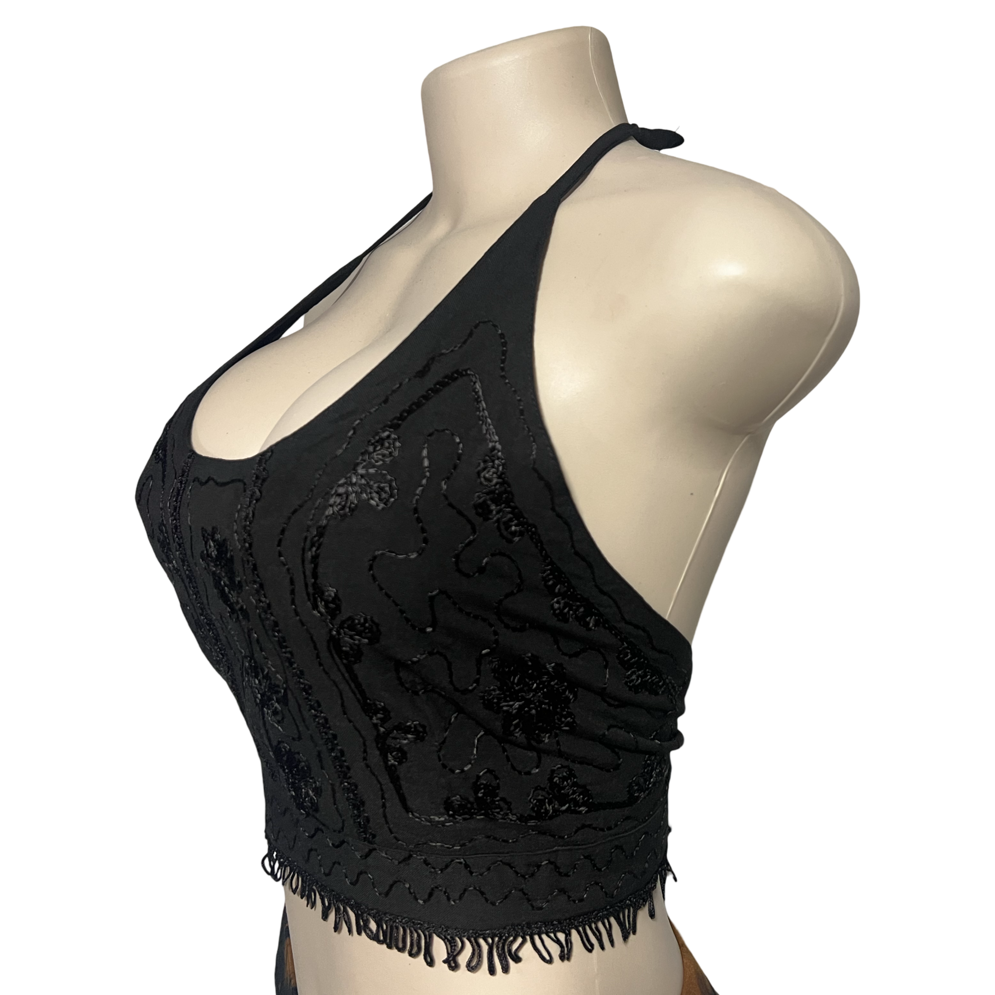 Tops - Embroidery Floral Halter Tops /Black