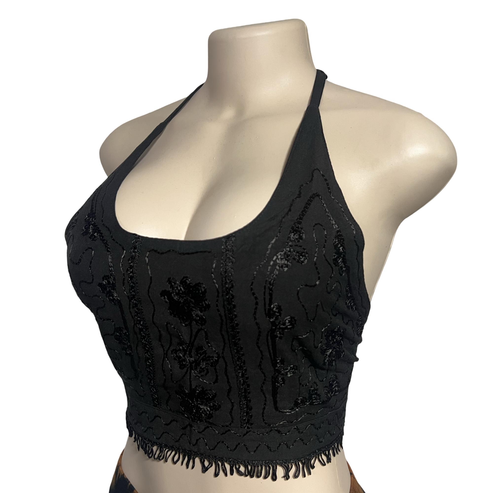 Tops - Embroidery Floral Halter Tops /Black