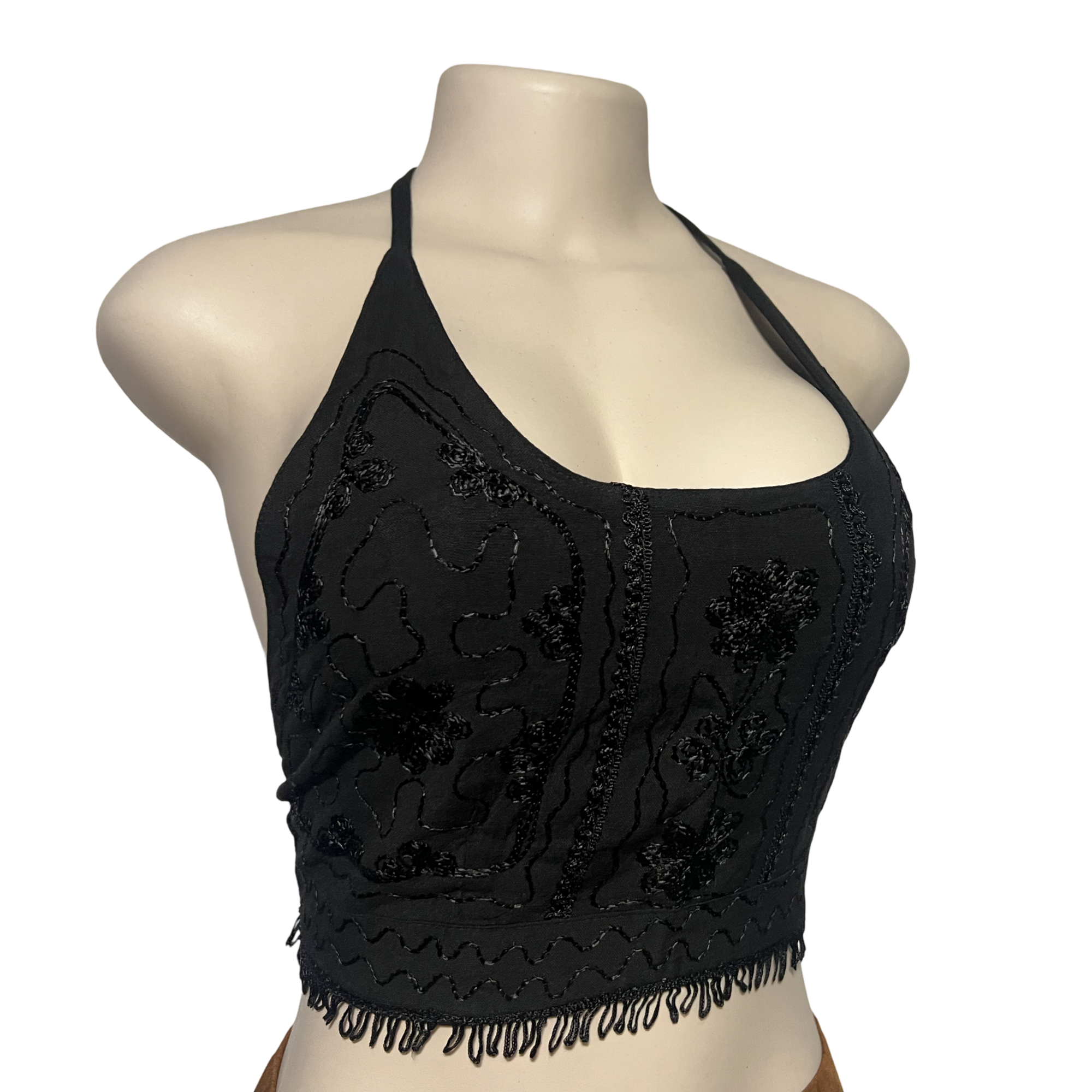 Tops - Embroidery Floral Halter Tops /Black