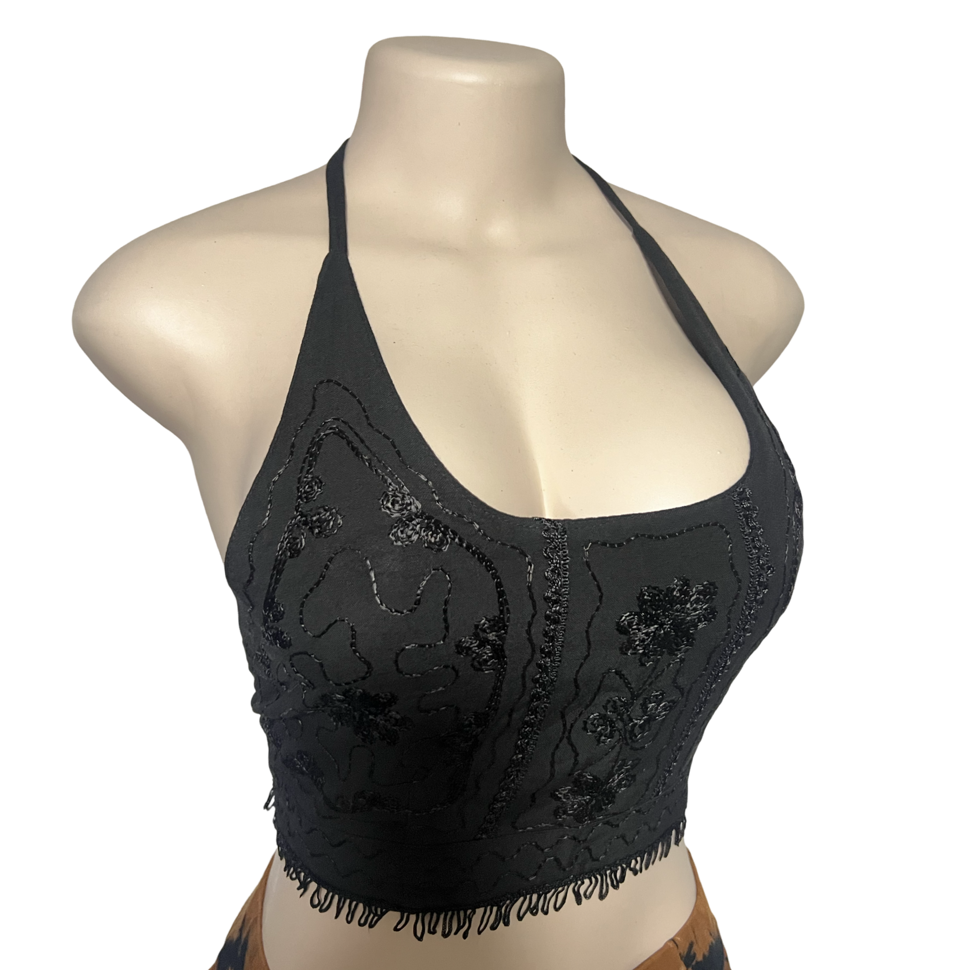 Tops - Embroidery Floral Halter Tops /Black