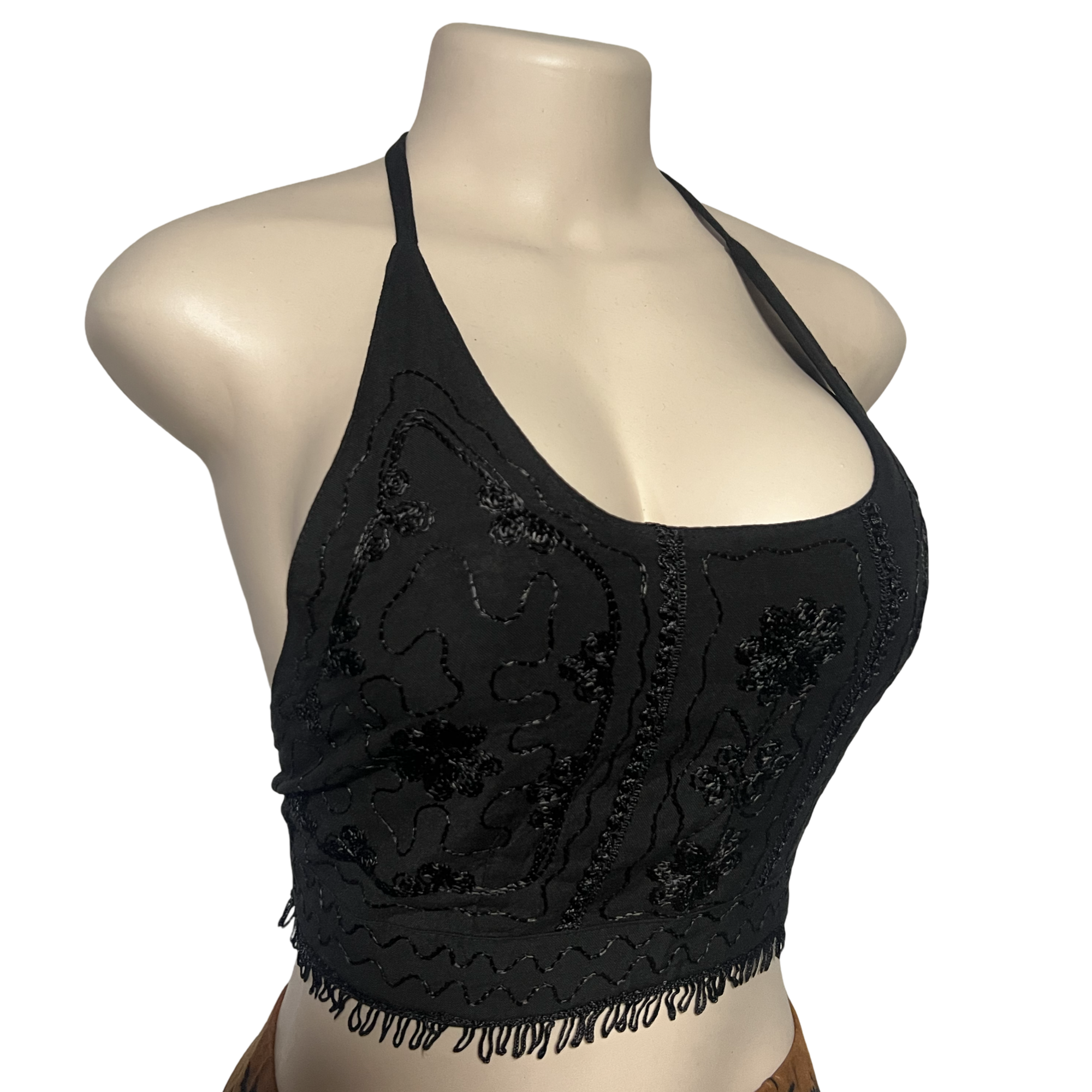 Tops - Embroidery Floral Halter Tops /Black