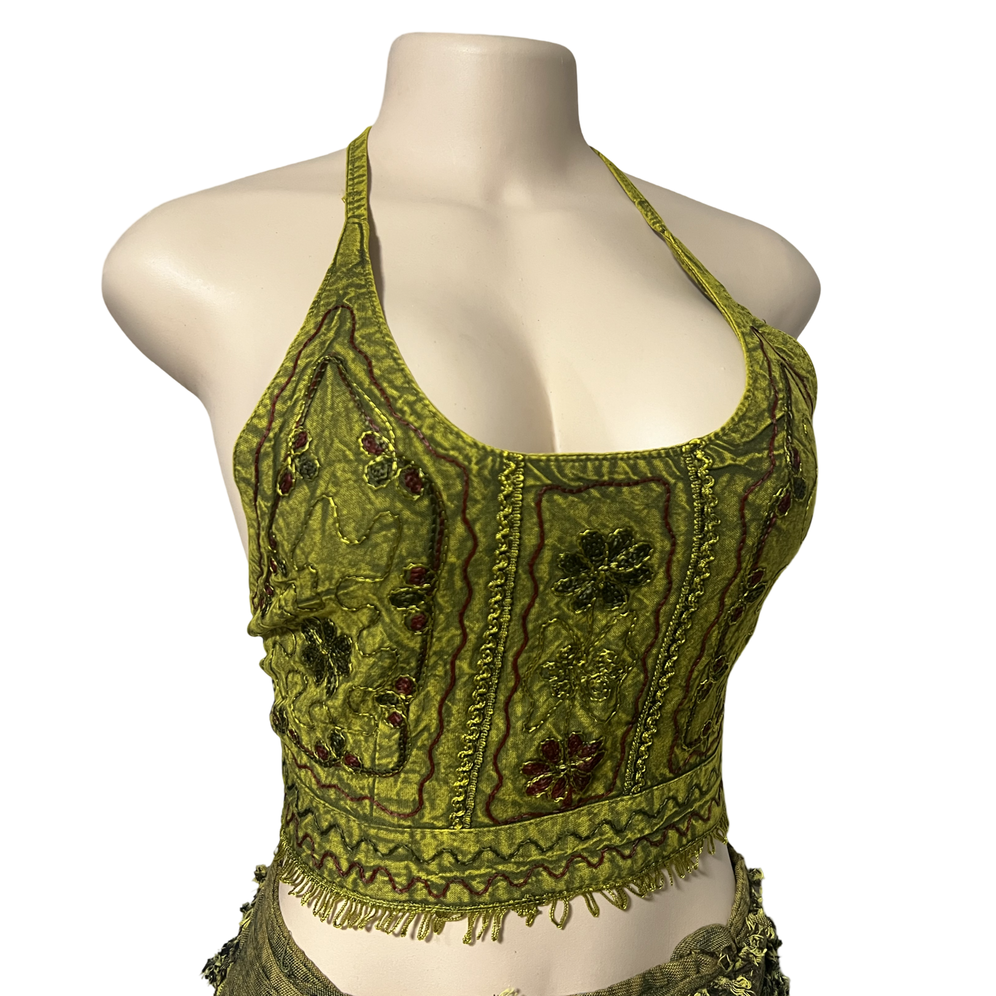 Tops - Embroidery Floral Halter Tops /Olives Green