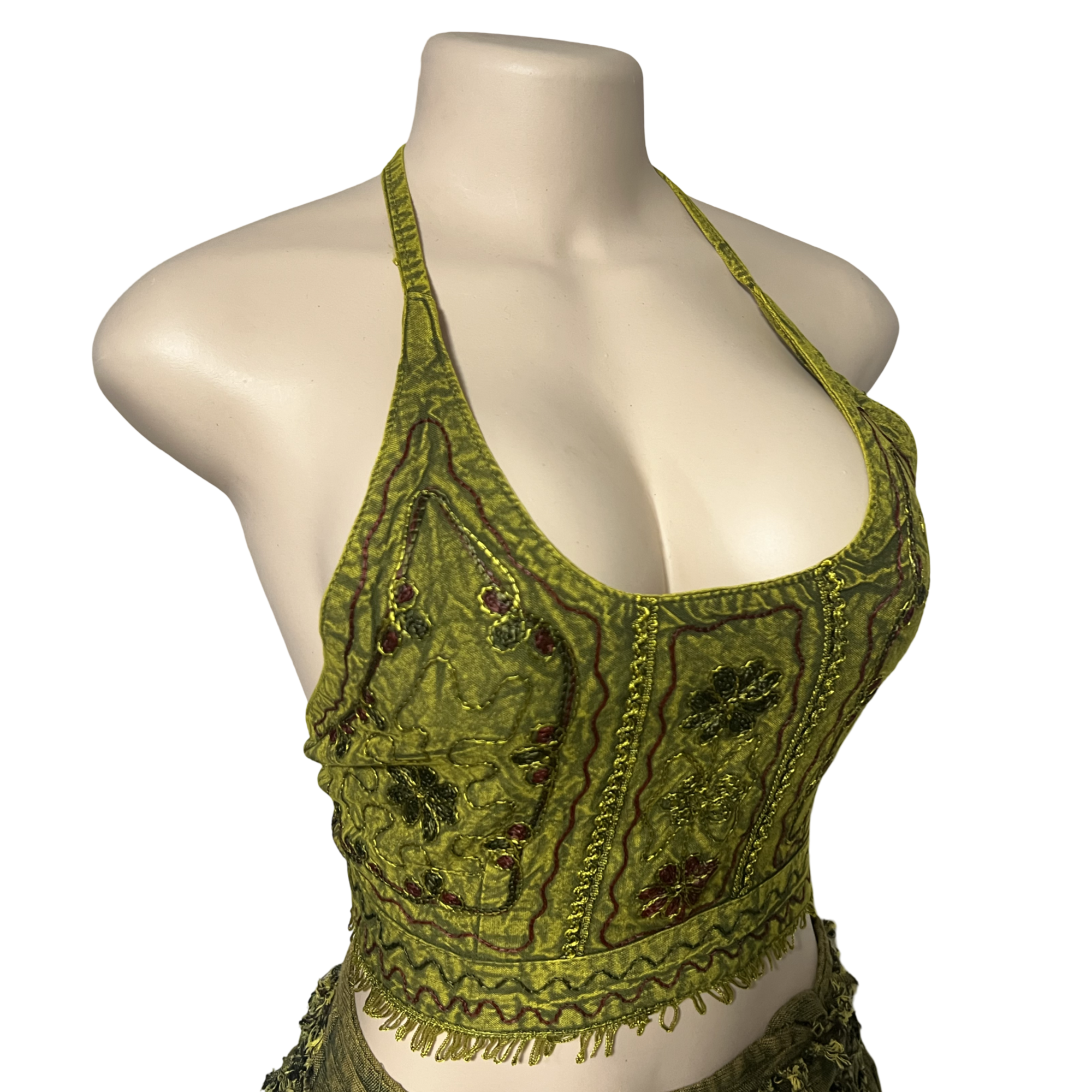 Tops - Embroidery Floral Halter Tops /Olives Green