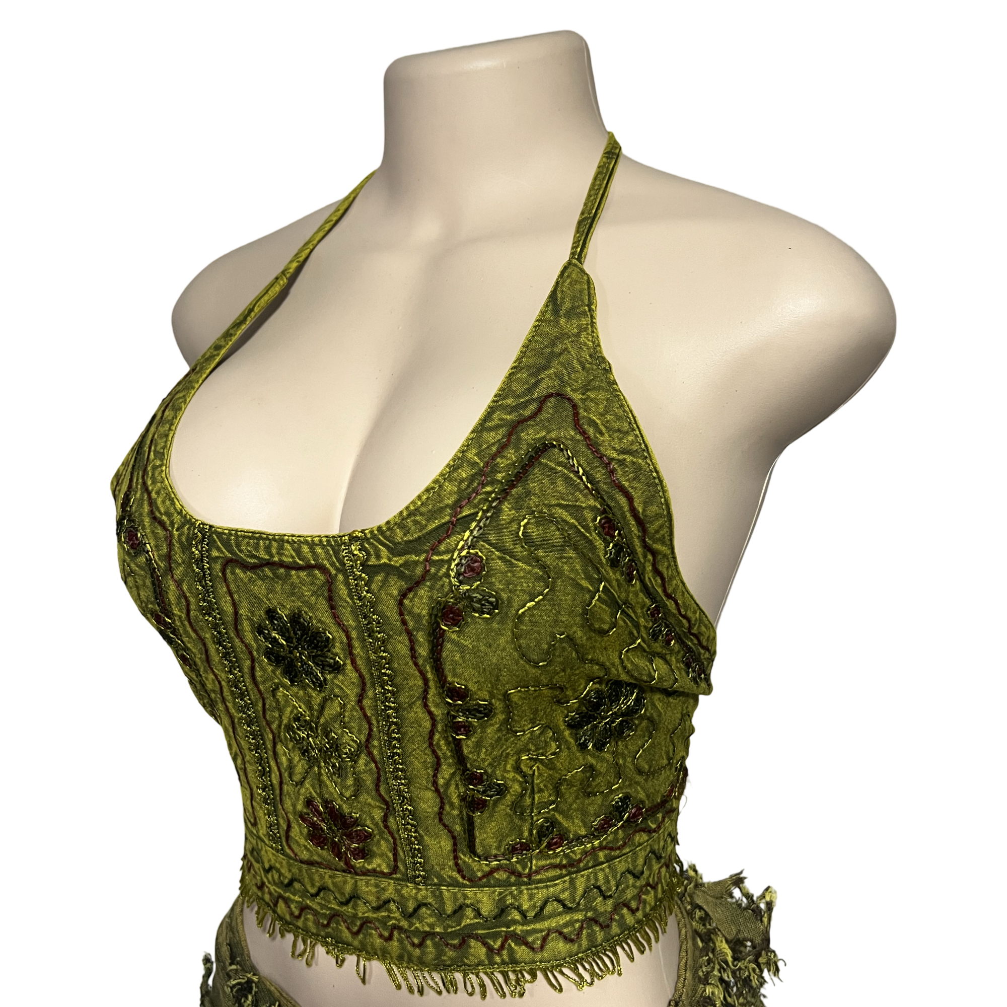 Tops - Embroidery Floral Halter Tops /Olives Green