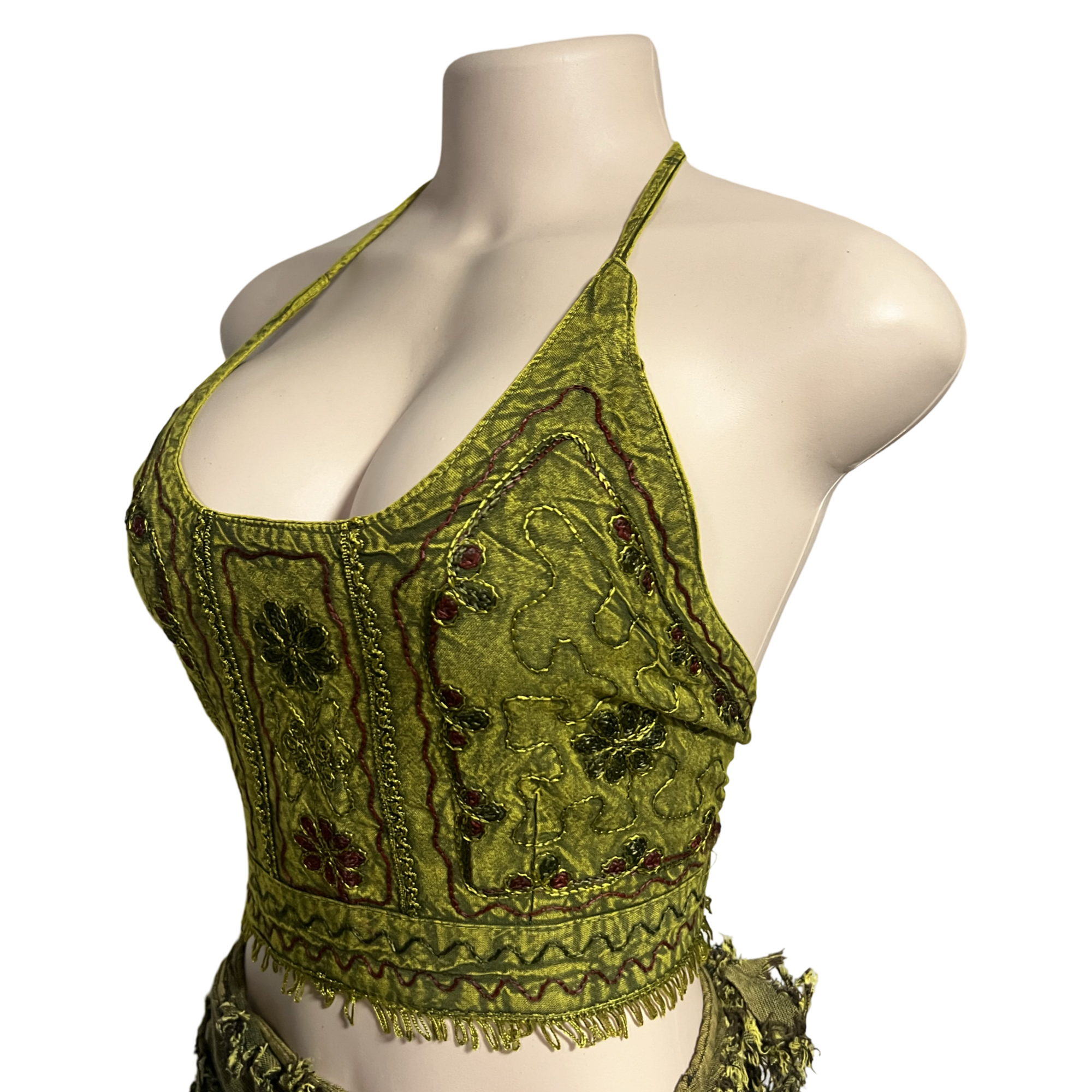 Tops - Embroidery Floral Halter Tops /Olives Green